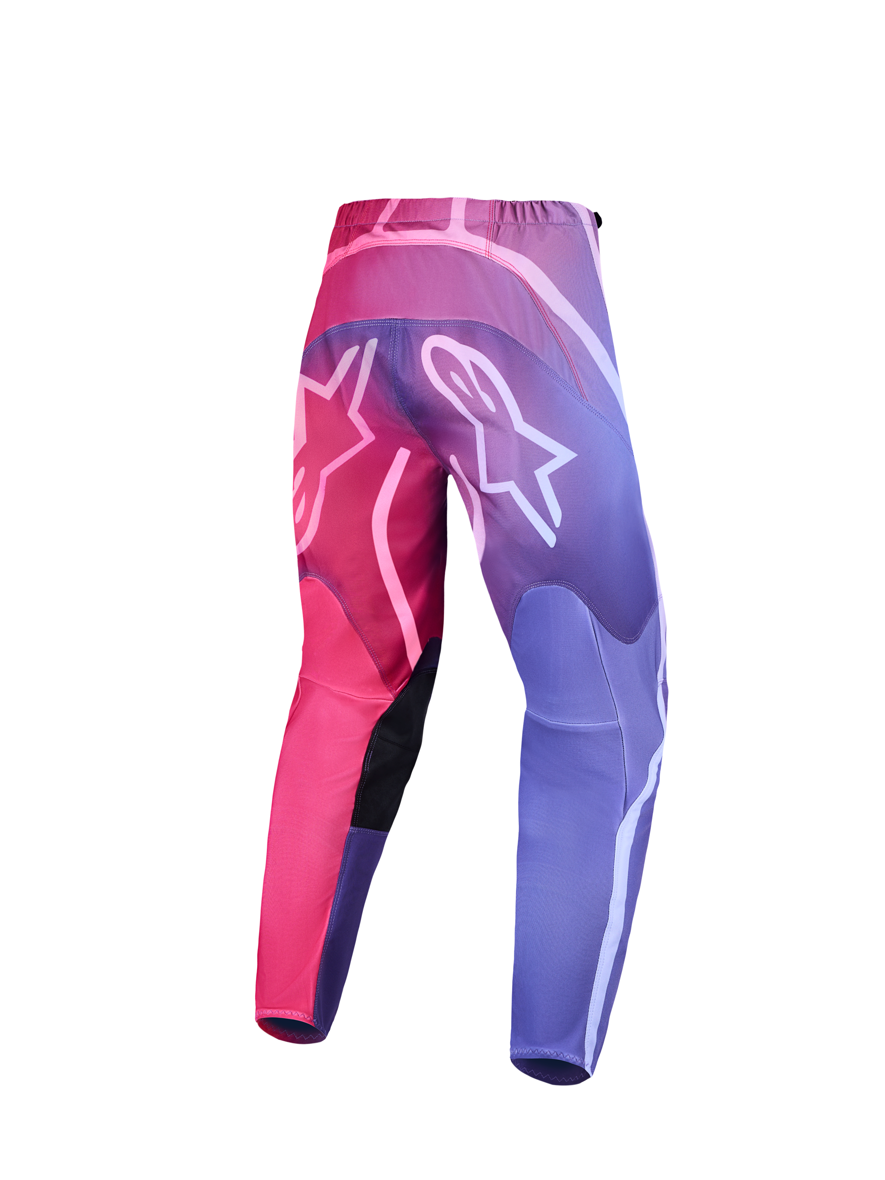 Alpinestars Stella Fluid Kepler motocrossbyxor för dam, rosa och lila färgtoning, vy bakifrån med vita Astars-logotyper.
