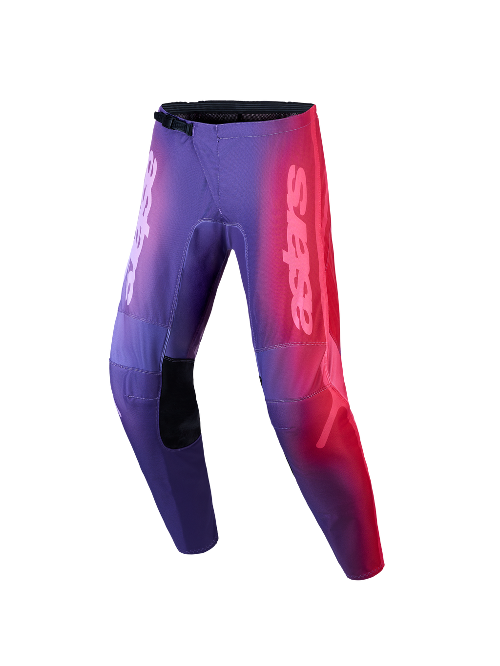 Alpinestars Stella Fluid Kepler motocrossbyxor för dam, lila och röd gradient, teknisk design för terrängkörning med astars-branding och svarta knäpaneler.
