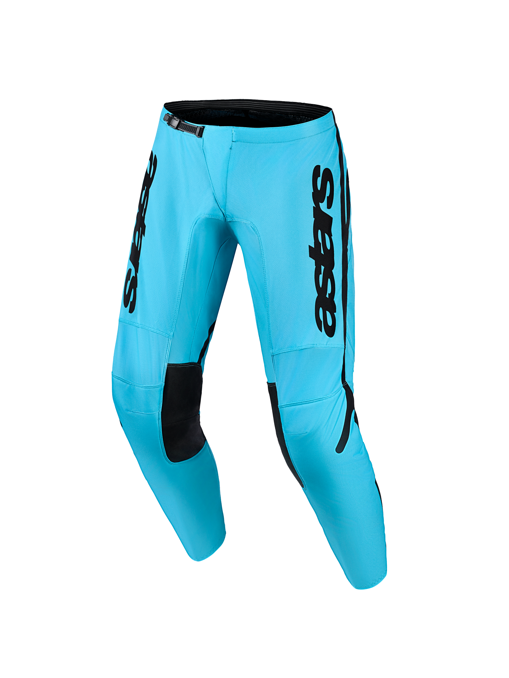 Alpinestars 2026 Woman Stella Fluid Apex Pants, Motocross Pants, Bright Cyan Blue and Black, featuring bold black branding on the thighs, black inner knee patches, and a ratchet waist closure, ergonomic design for female off-road riders.