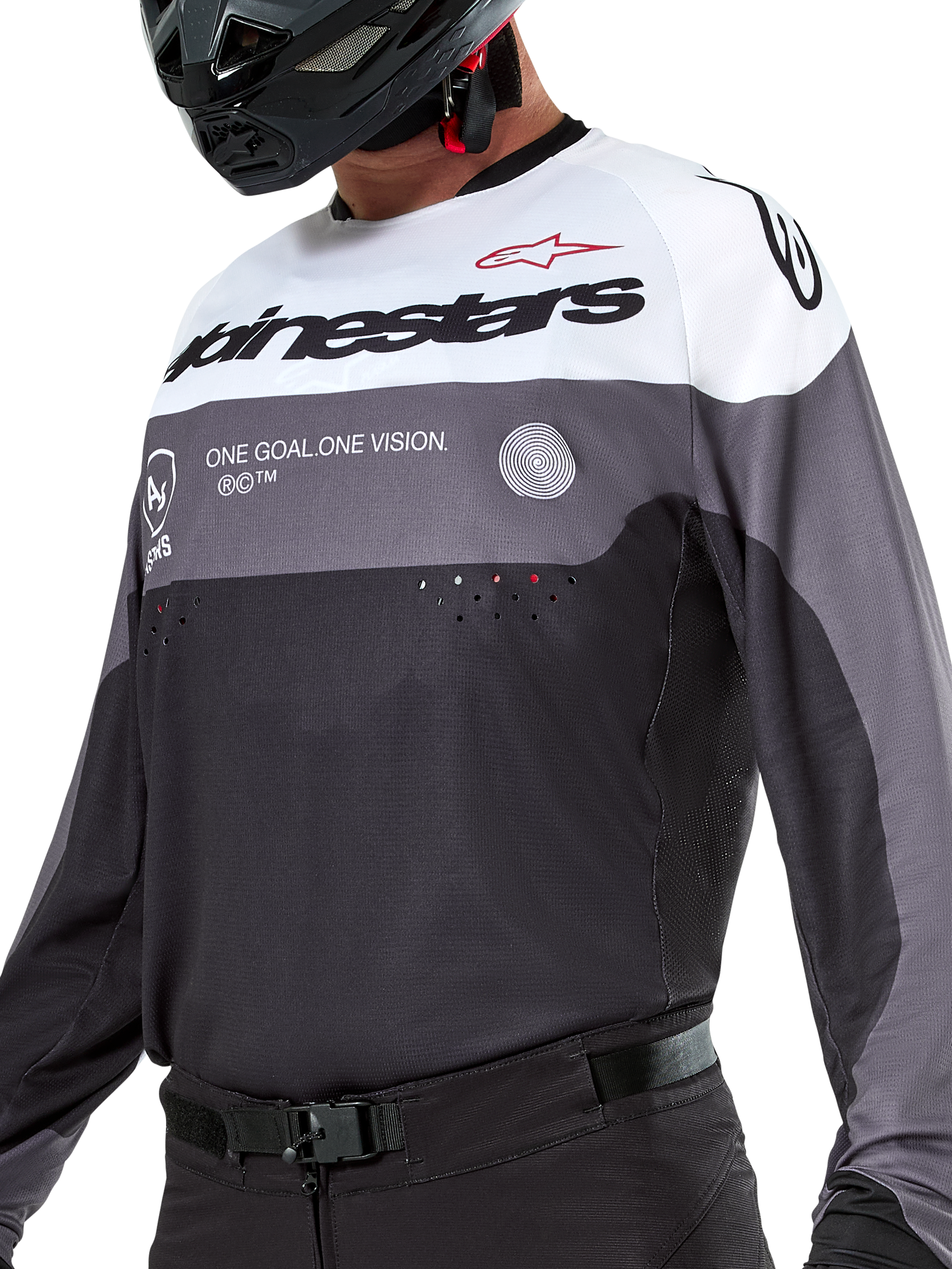 Alpinestars Pro-Dura-tröja, motocross- och endurotröja, svart, grå och vit, teknisk offroad-beklädnad med laserperforeringar och andningsbar konstruktion i poly-material.
