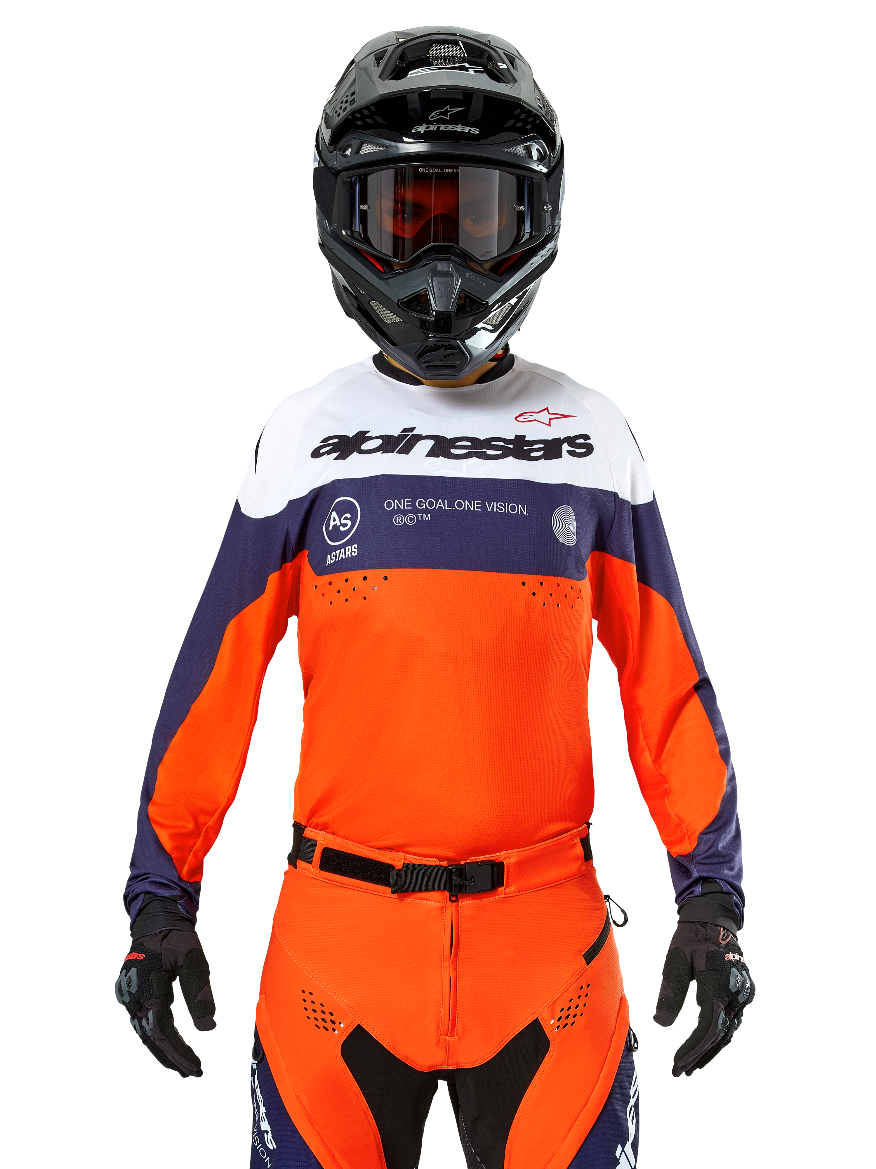 Alpinestars Pro-Dura Jersey, Motocross Jersey, Navy Blue, Hot Orange, and White, worn with a black helmet and gloves, featuring laser-perforated ventilation zones, bold branding, and "ONE GOAL. ONE VISION." chest graphic