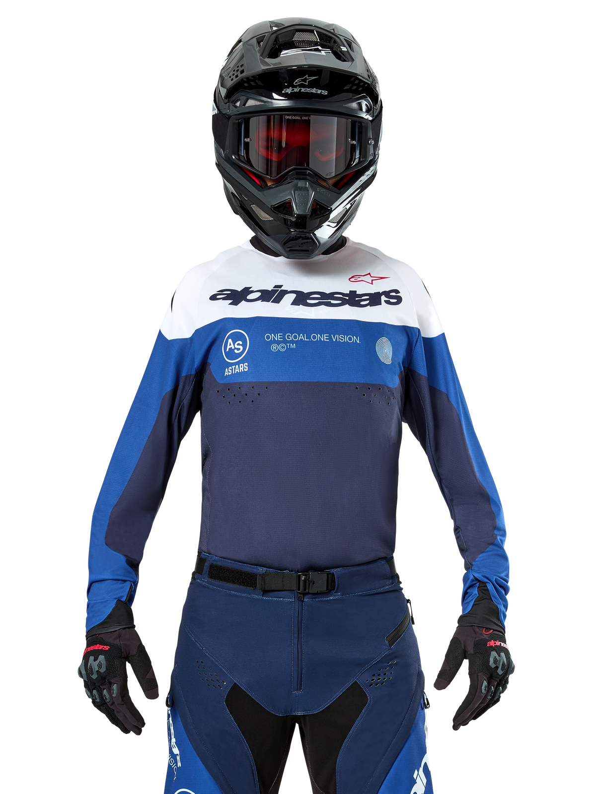 Alpinestars Pro-Dura Jersey, Motocross and Enduro Jersey, Navy, Bright Blue, and White, worn with matching navy pants, black gloves and helmet, featuring chest branding and laser-cut ventilation for off-road motorcycle racing
