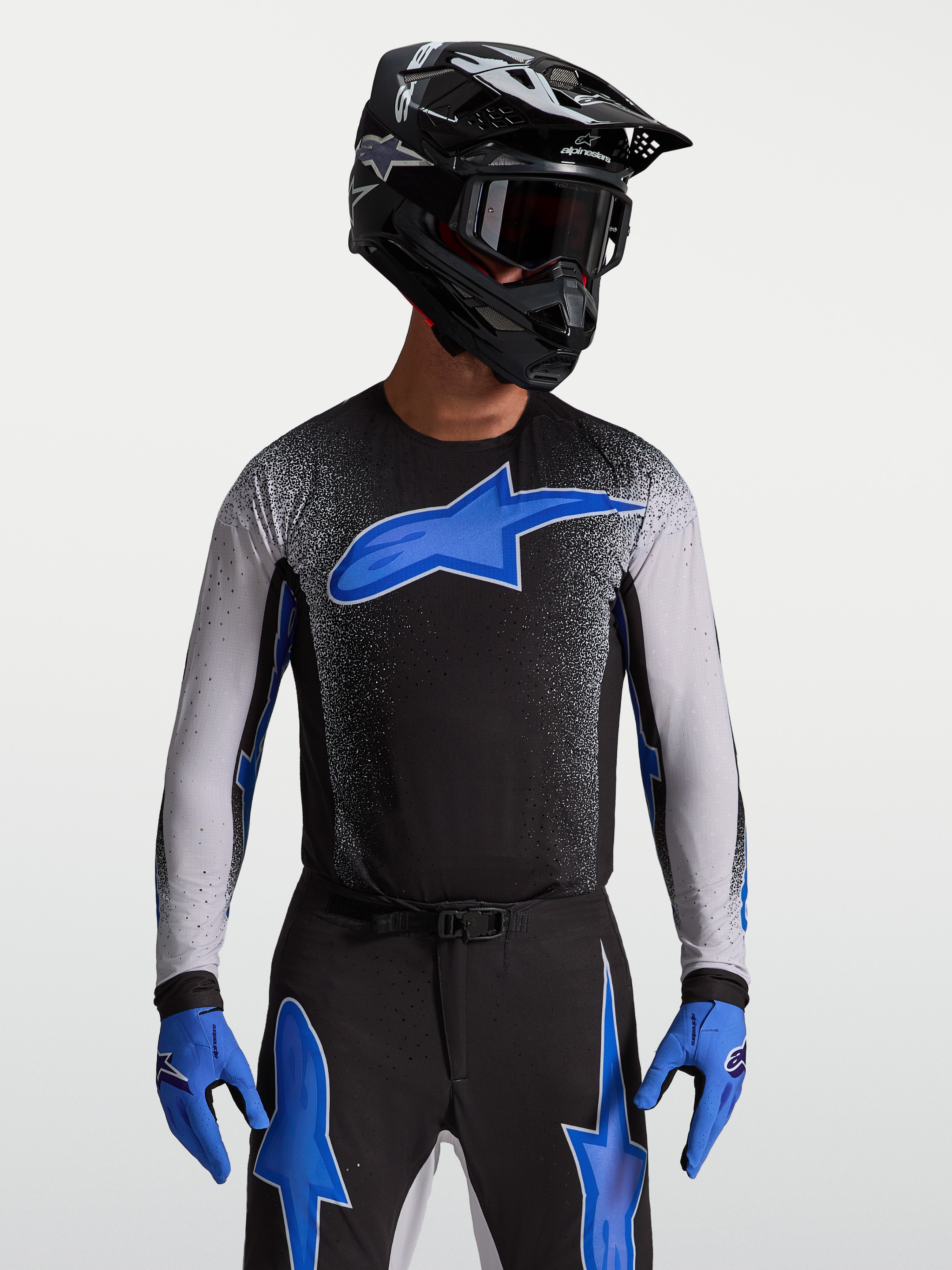 Alpinestars Supertech Hiten AFD tröja, svart och blå motocrosströja för herr med atletisk pro-passform.