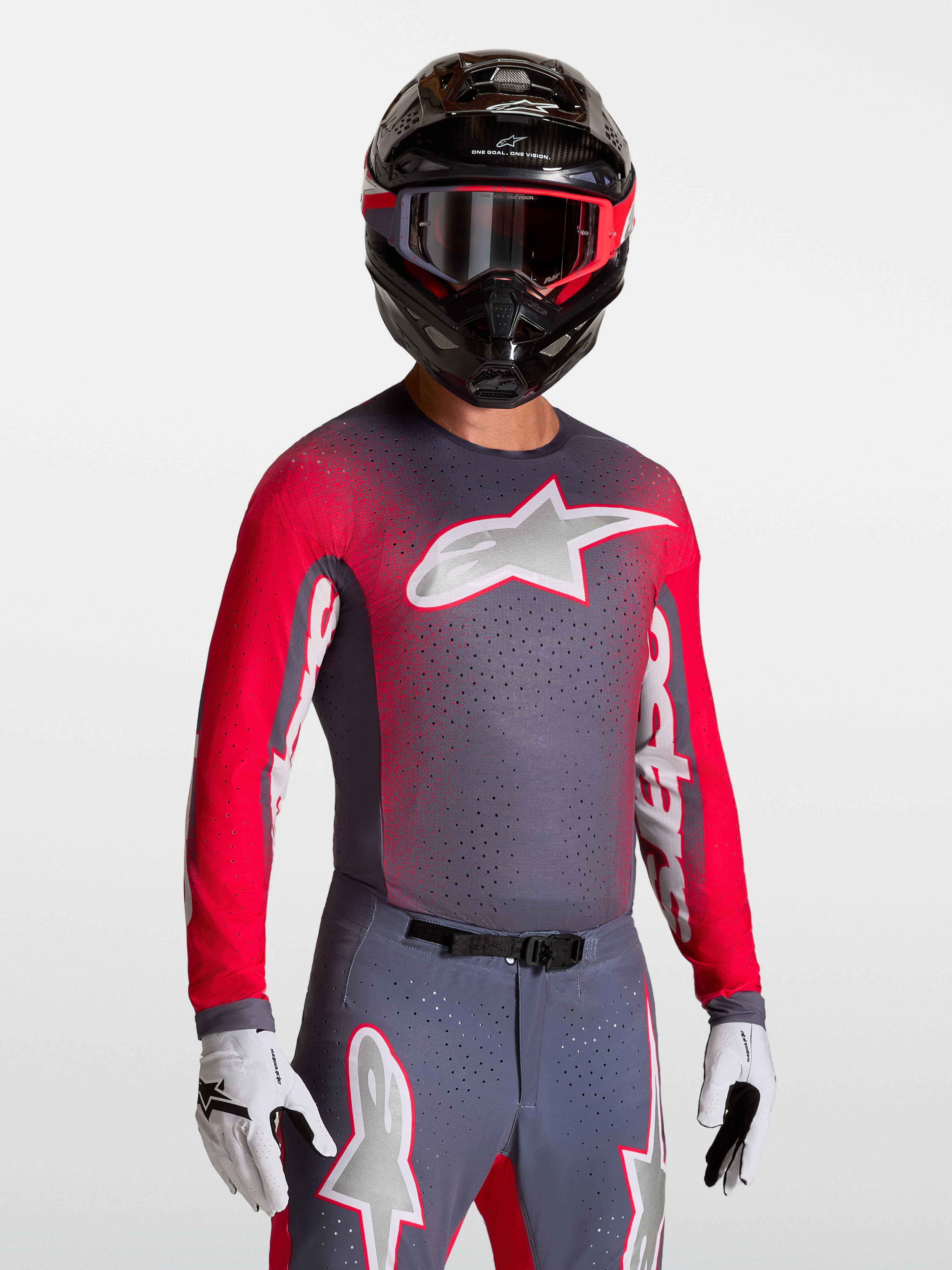 Alpinestars Supertech Hiten AFD tröja, grå och röd motocrosströja för herrar med ventilerande mesh för racing.