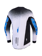 Alpinestars Supertech Hiten AFD Motocross Jersey, Men's racing fit, black and white with blue sleeve graphics, rear view.