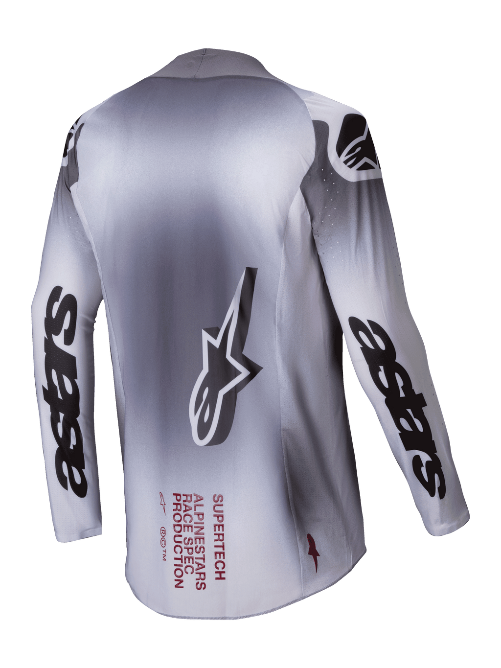 Alpinestars 2025 Supertech Maker tröja, motocross-tröja för herrar, silver och svart, baksida som visar stretchmeshkonstruktion och logotyper