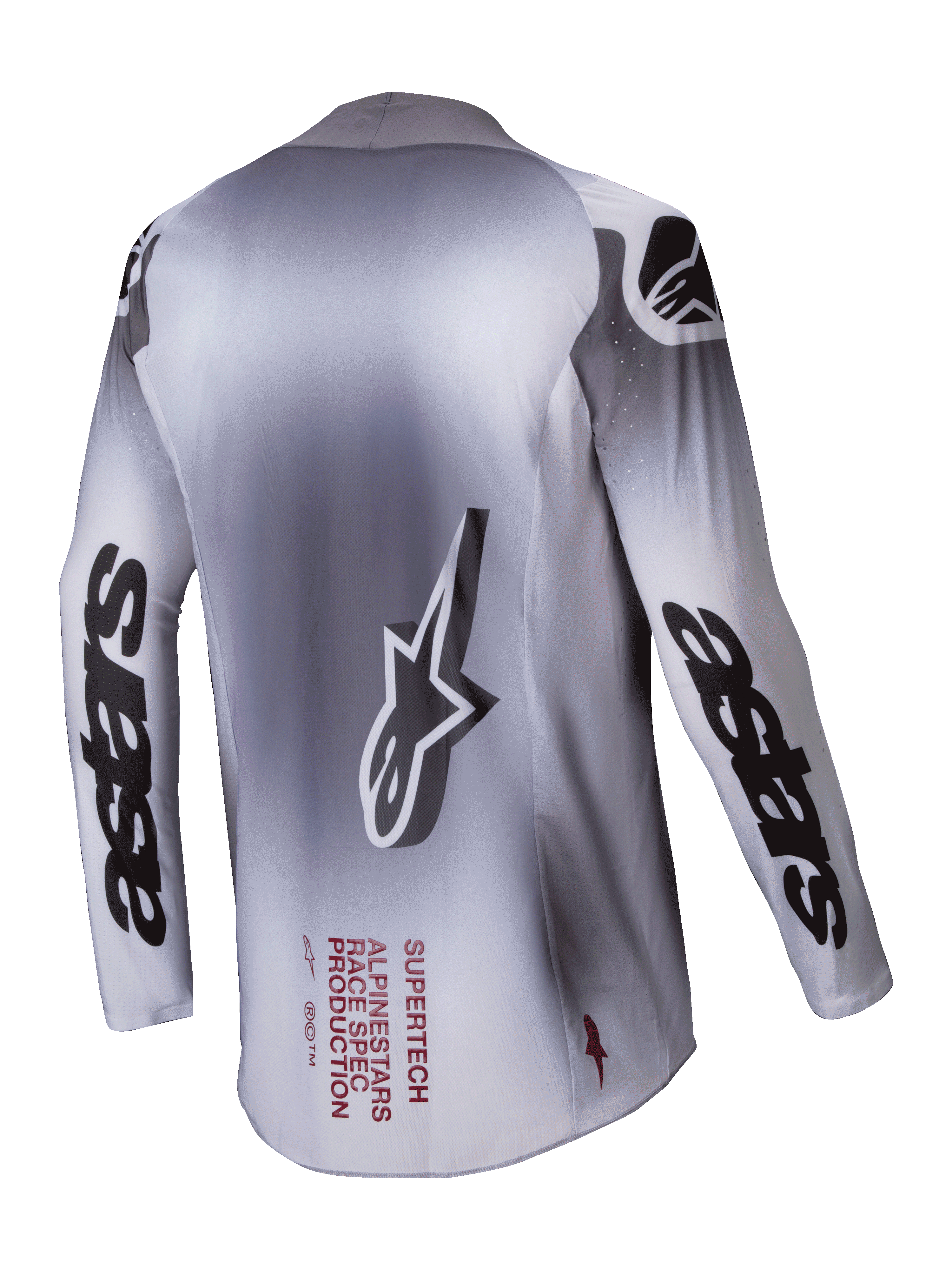 Alpinestars 2025 Supertech Maker tröja, motocross-tröja för herrar, silver och svart, baksida som visar stretchmeshkonstruktion och logotyper