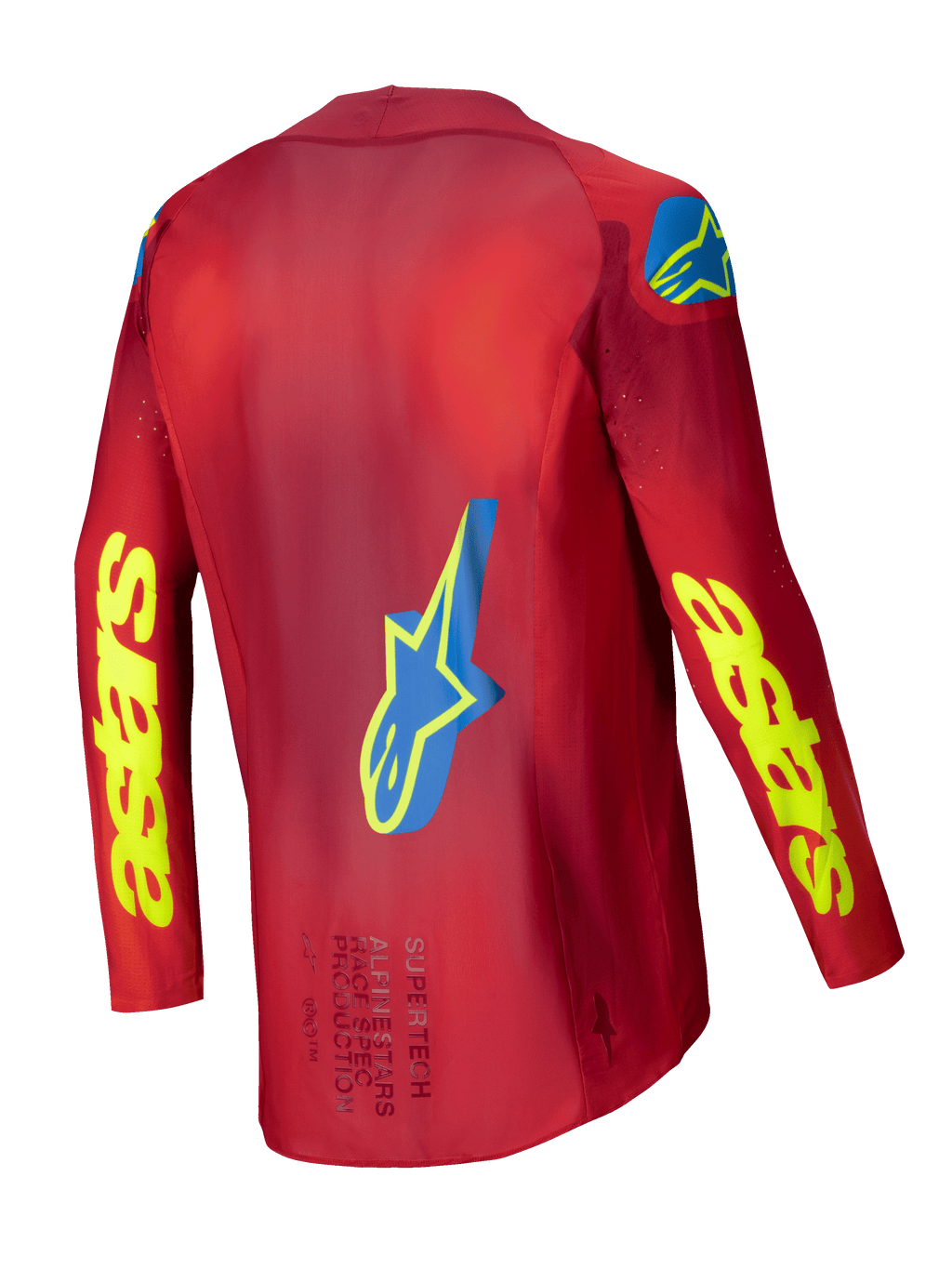 Alpinestars 2025 Supertech Maker tröja, motocrossracingtröja, röd och gul, baksida som visar stretchmesh-konstruktion och grafiska detaljer