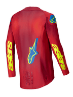 Alpinestars 2025 Supertech Maker tröja, motocrossracingtröja, röd och gul, baksida som visar stretchmesh-konstruktion och grafiska detaljer