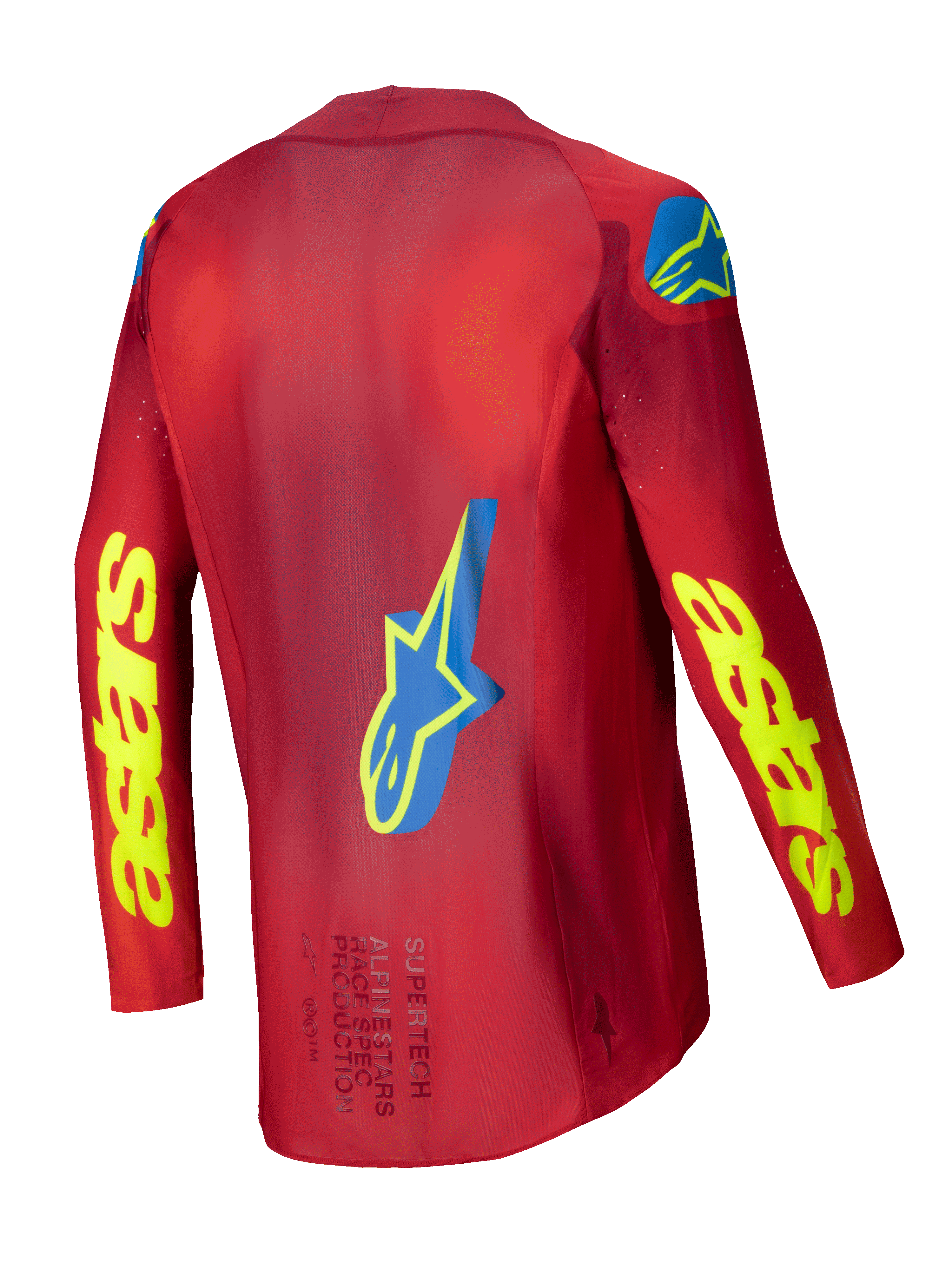 Alpinestars 2025 Supertech Maker tröja, motocrossracingtröja, röd och gul, baksida som visar stretchmesh-konstruktion och grafiska detaljer