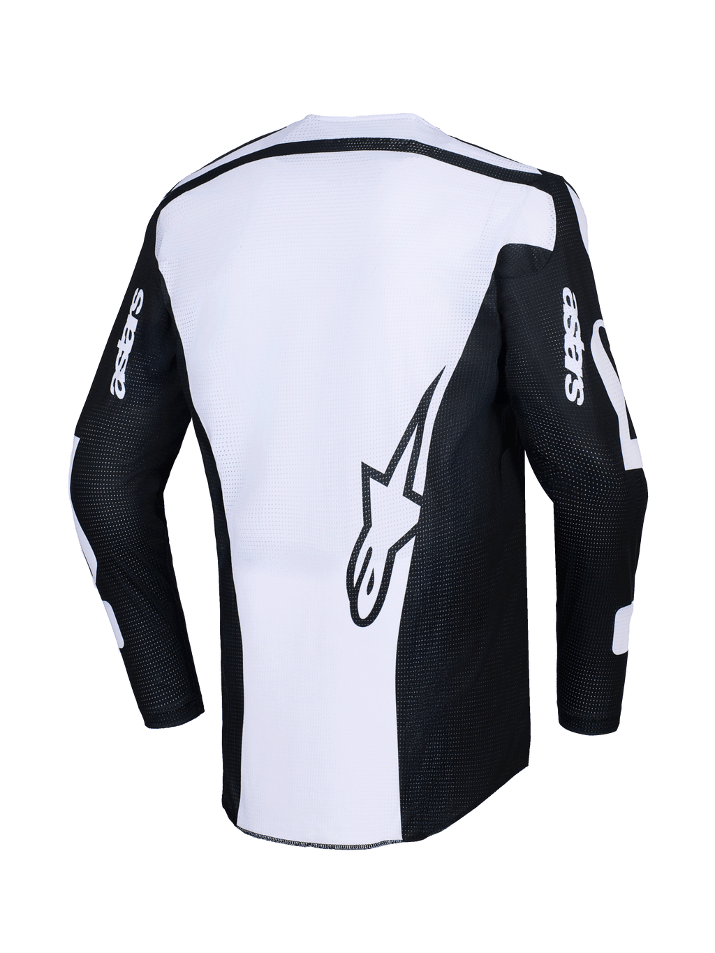 Alpinestars 2026 Racer Air Riway tröja, motocrosströja, svart och vit, baksida som visar en stor stjärnlogotyp på en vit panel, svarta ärmar med 'astars'-logotyp, perforerat meshmaterial för luftflöde, teknisk utrustning för terrängkörning
