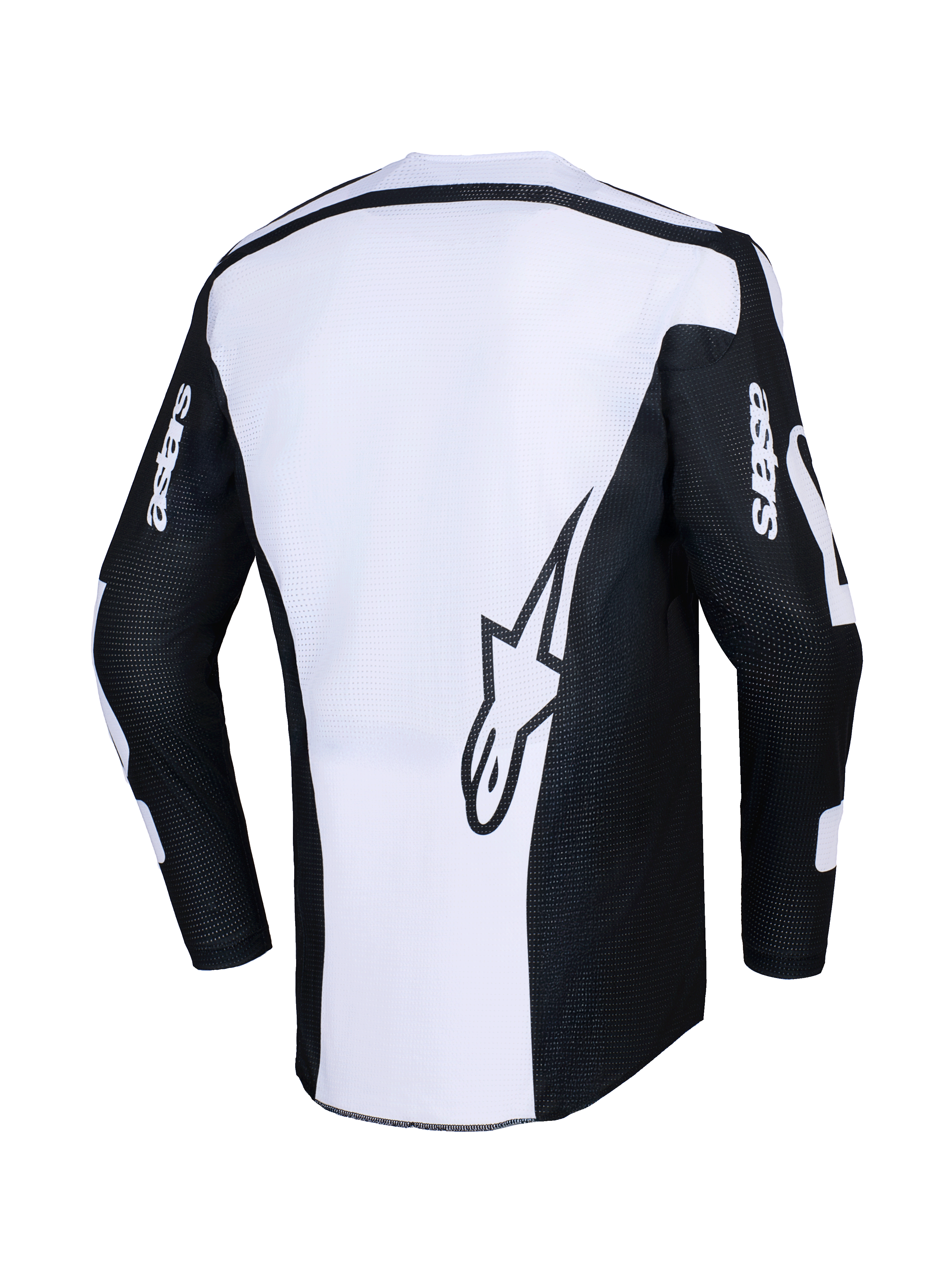 Alpinestars 2026 Racer Air Riway tröja, motocrosströja, svart och vit, baksida som visar en stor stjärnlogotyp på en vit panel, svarta ärmar med 'astars'-logotyp, perforerat meshmaterial för luftflöde, teknisk utrustning för terrängkörning