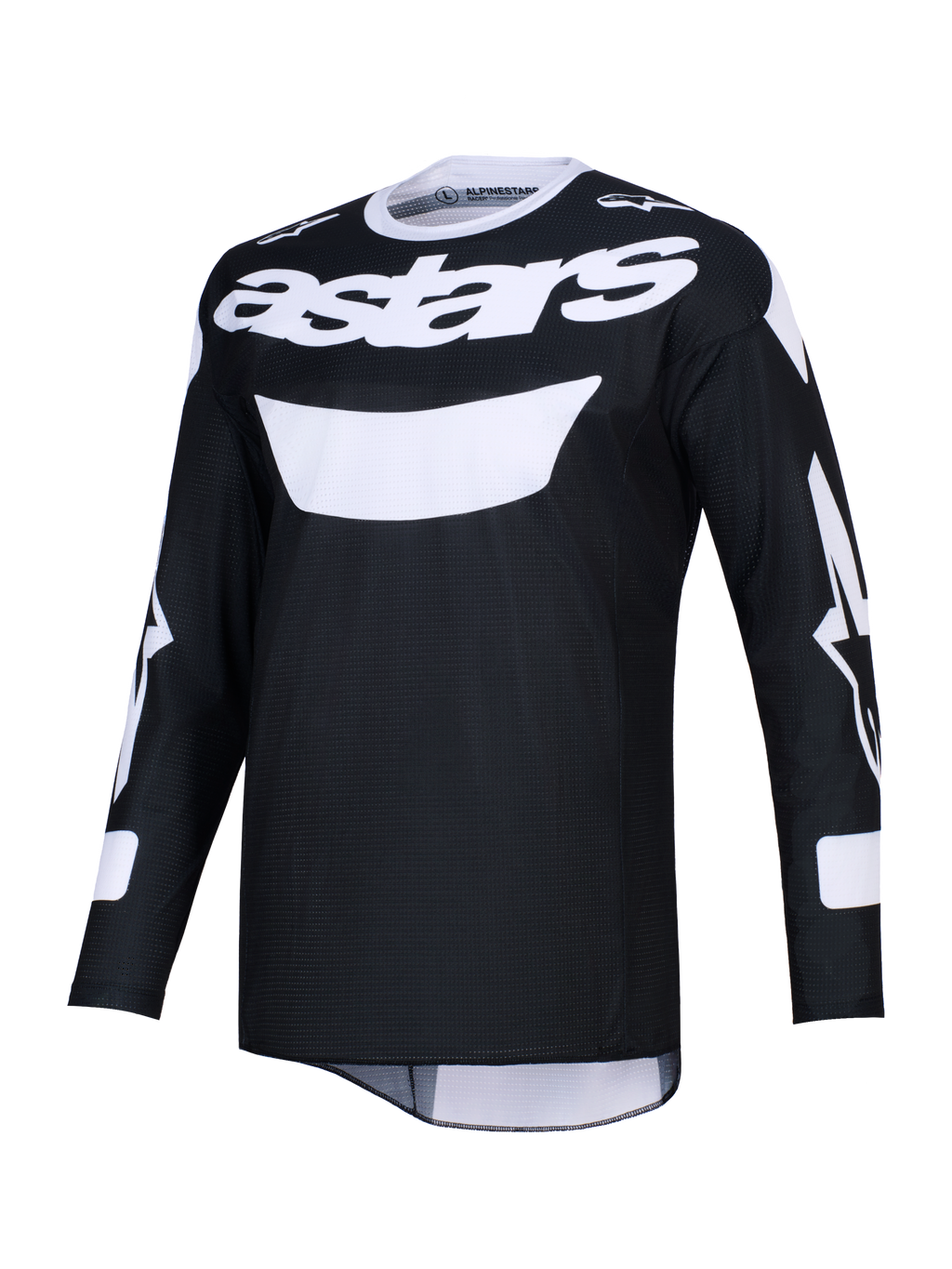 Alpinestars 2026 Racer Air Riway-tröja, svart och vit motocrosströja, med framträdande vit astars-branding på bröstet, lätt meshtyg för högt luftflöde, långa ärmar och atletisk passform för terrängprestanda.