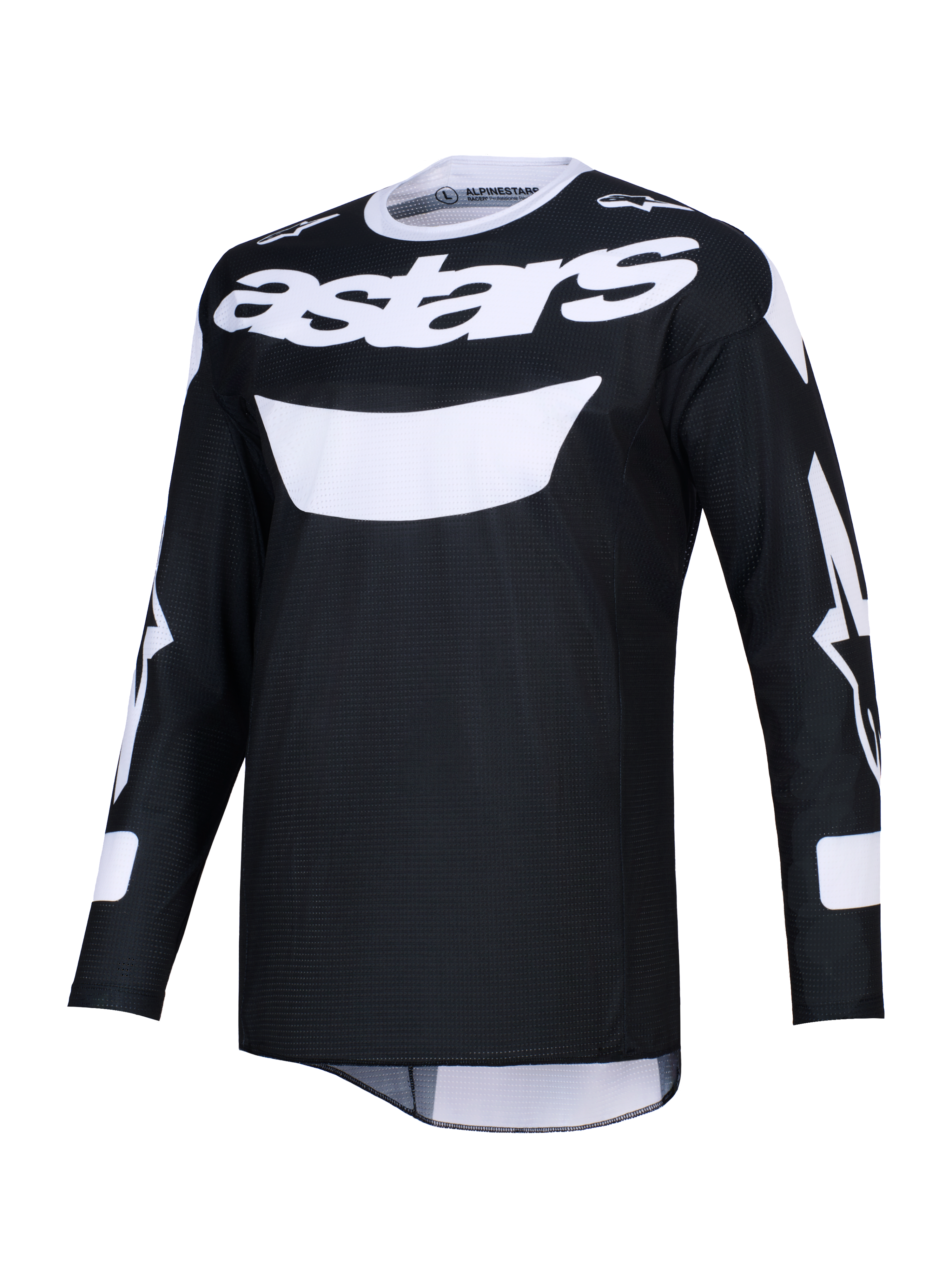 Alpinestars 2026 Racer Air Riway-tröja, svart och vit motocrosströja, med framträdande vit astars-branding på bröstet, lätt meshtyg för högt luftflöde, långa ärmar och atletisk passform för terrängprestanda.