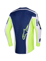 Alpinestars 2026 Racer Air Riway-tröja, motocrosströja, ljusgrå, gul fluo och blå, vy bakifrån med en marinblå mittpanel med en gul stjärnlogotyp, klargula fluo-sidor och ljusgrå ärmar för terrängprestanda.
