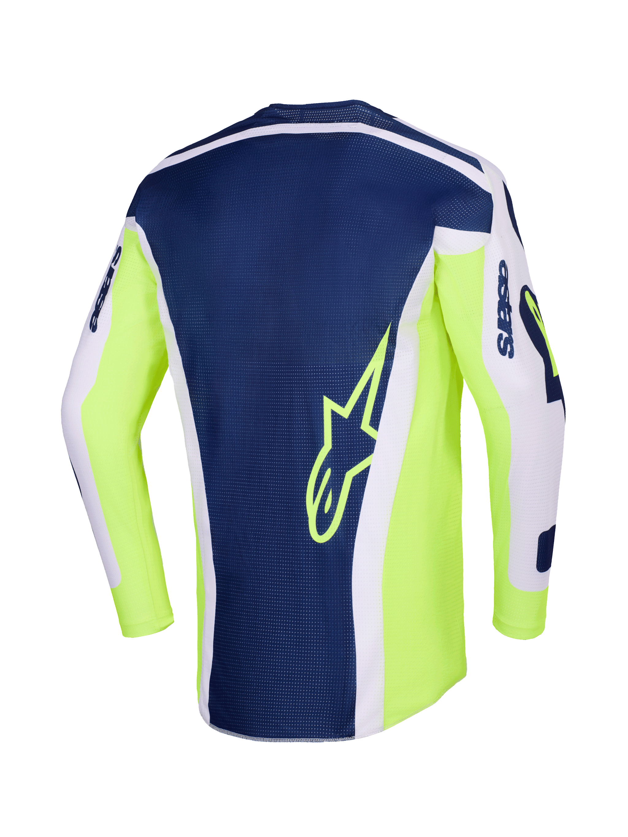 Alpinestars 2026 Racer Air Riway-tröja, motocrosströja, ljusgrå, gul fluo och blå, vy bakifrån med en marinblå mittpanel med en gul stjärnlogotyp, klargula fluo-sidor och ljusgrå ärmar för terrängprestanda.
