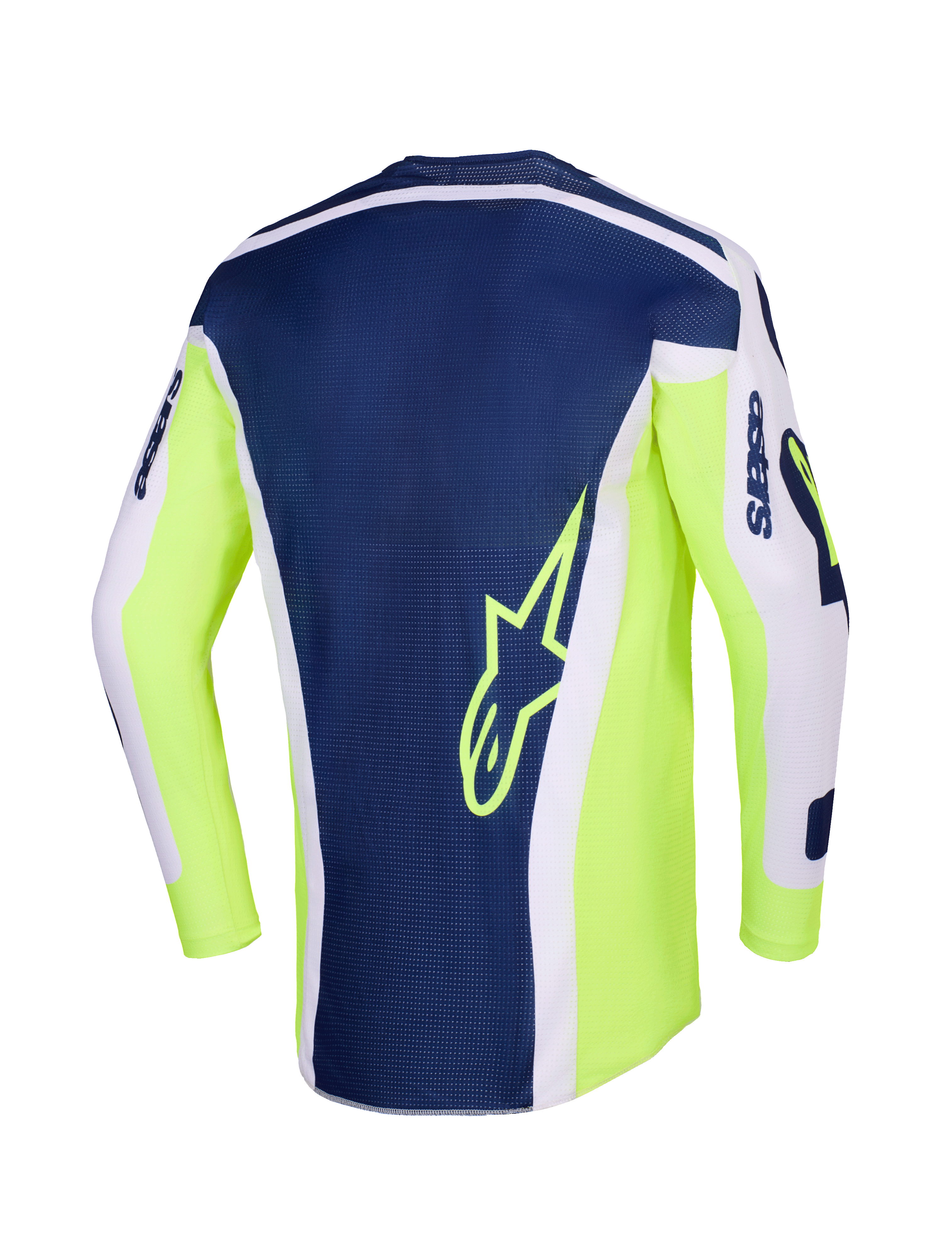 Alpinestars 2026 Racer Air Riway-tröja, motocrosströja, ljusgrå, gul fluo och blå, vy bakifrån med en marinblå mittpanel med en gul stjärnlogotyp, klargula fluo-sidor och ljusgrå ärmar för terrängprestanda.