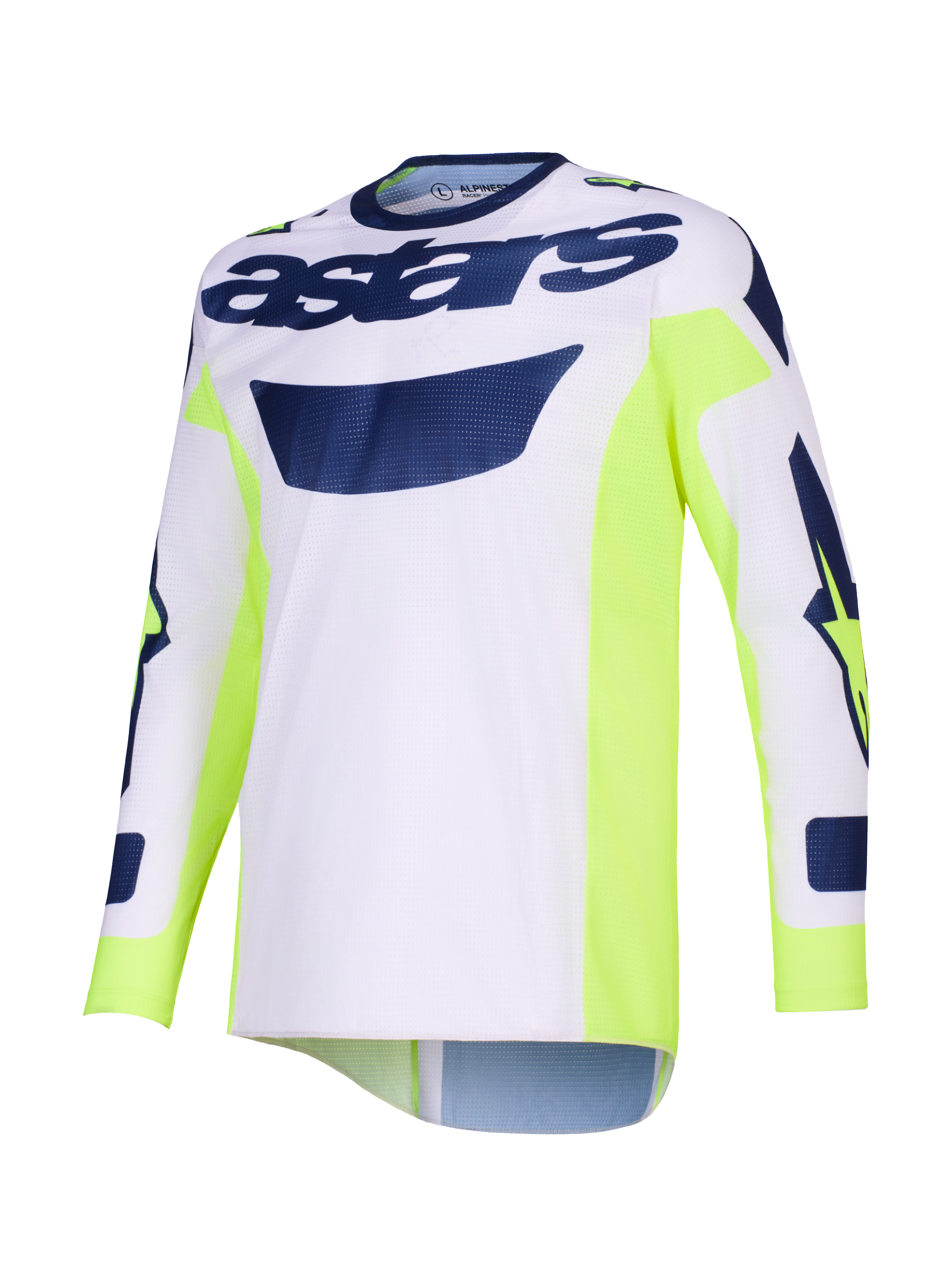 Alpinestars 2026 Racer Air Riway-tröja, motocross-tröja, ljusgrå med neongula och blå detaljer, 'astars'-logotyp över bröstet, neongula sidopaneler, ventilerande mesh-konstruktion för terrängkörning
