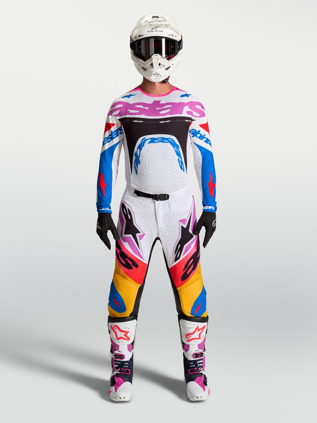 Alpinestars Supertech Dyna MX-utrustningsset och tröja, vit och blå med lila detaljer, herrmodell för terrängkörning.