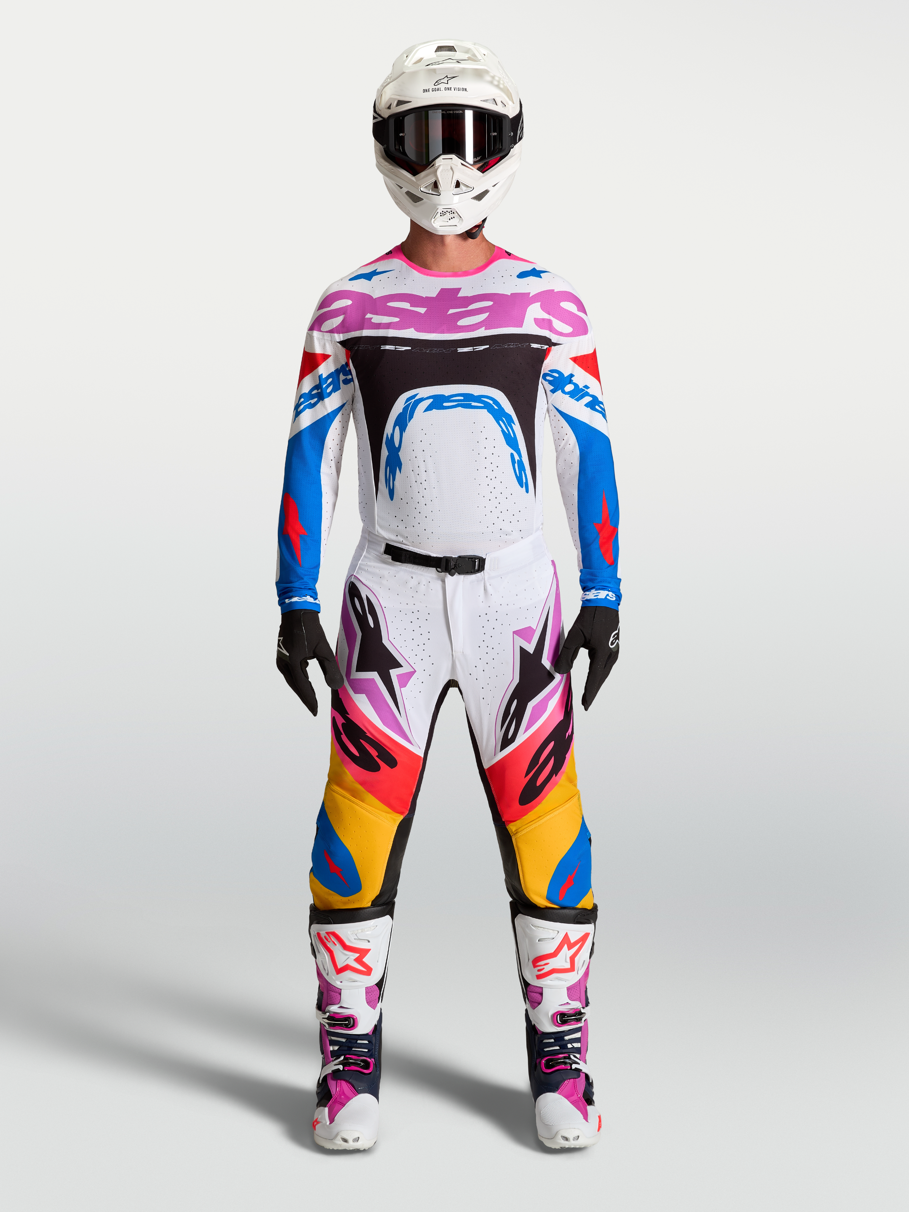 Alpinestars Supertech Dyna MX-utrustningsset och tröja, vit och blå med lila detaljer, herrmodell för terrängkörning.