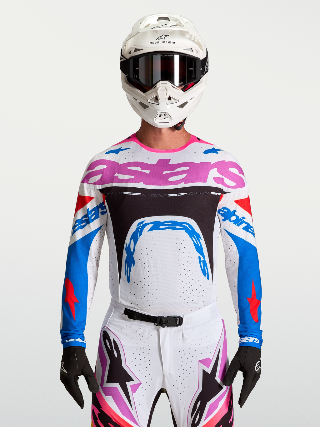 Alpinestars Supertech Dyna tröja, motocrosströja för herr, vit, blå och rosa, andningsbar lättviktsmesh för racing