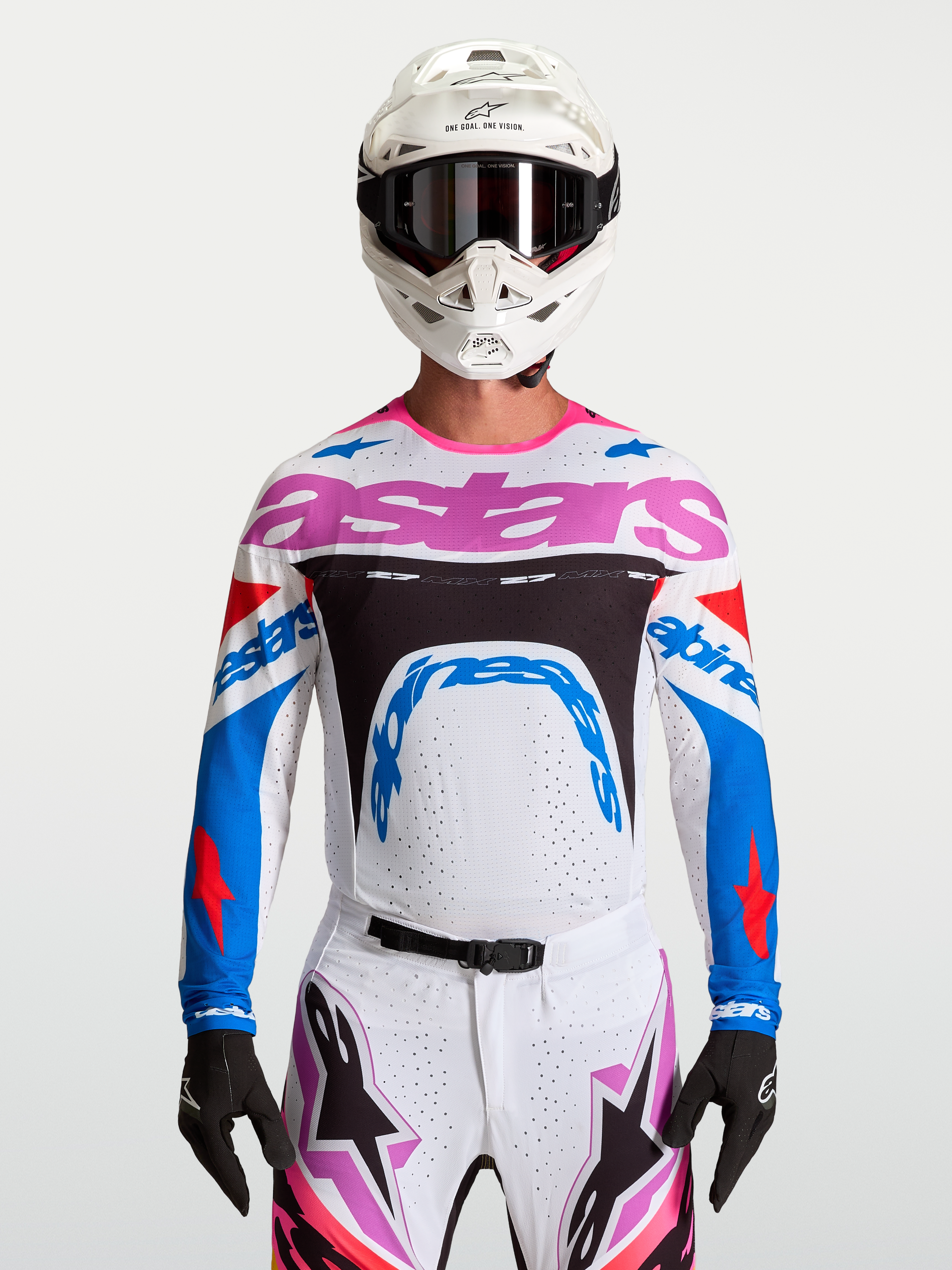 Alpinestars Supertech Dyna Jersey, white and blue men's motocross racing top with breathable lightweight stretch mesh.
