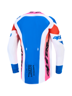 Alpinestars Supertech Dyna tröja, blå och vit motocrosströja, vy bakifrån med andningsbara stretchmeshpaneler.
