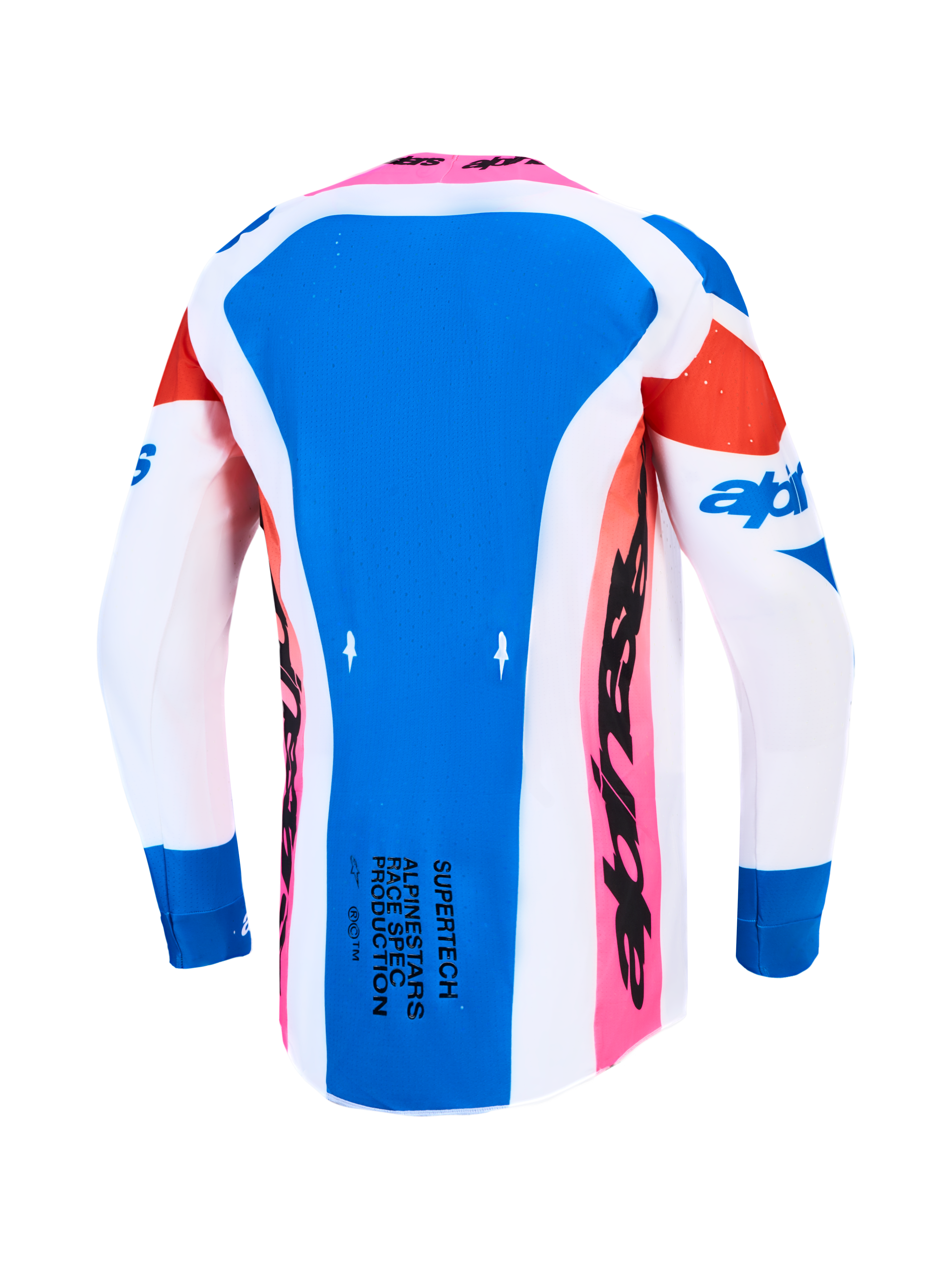 Alpinestars Supertech Dyna tröja, blå och vit motocrosströja, vy bakifrån med andningsbara stretchmeshpaneler.