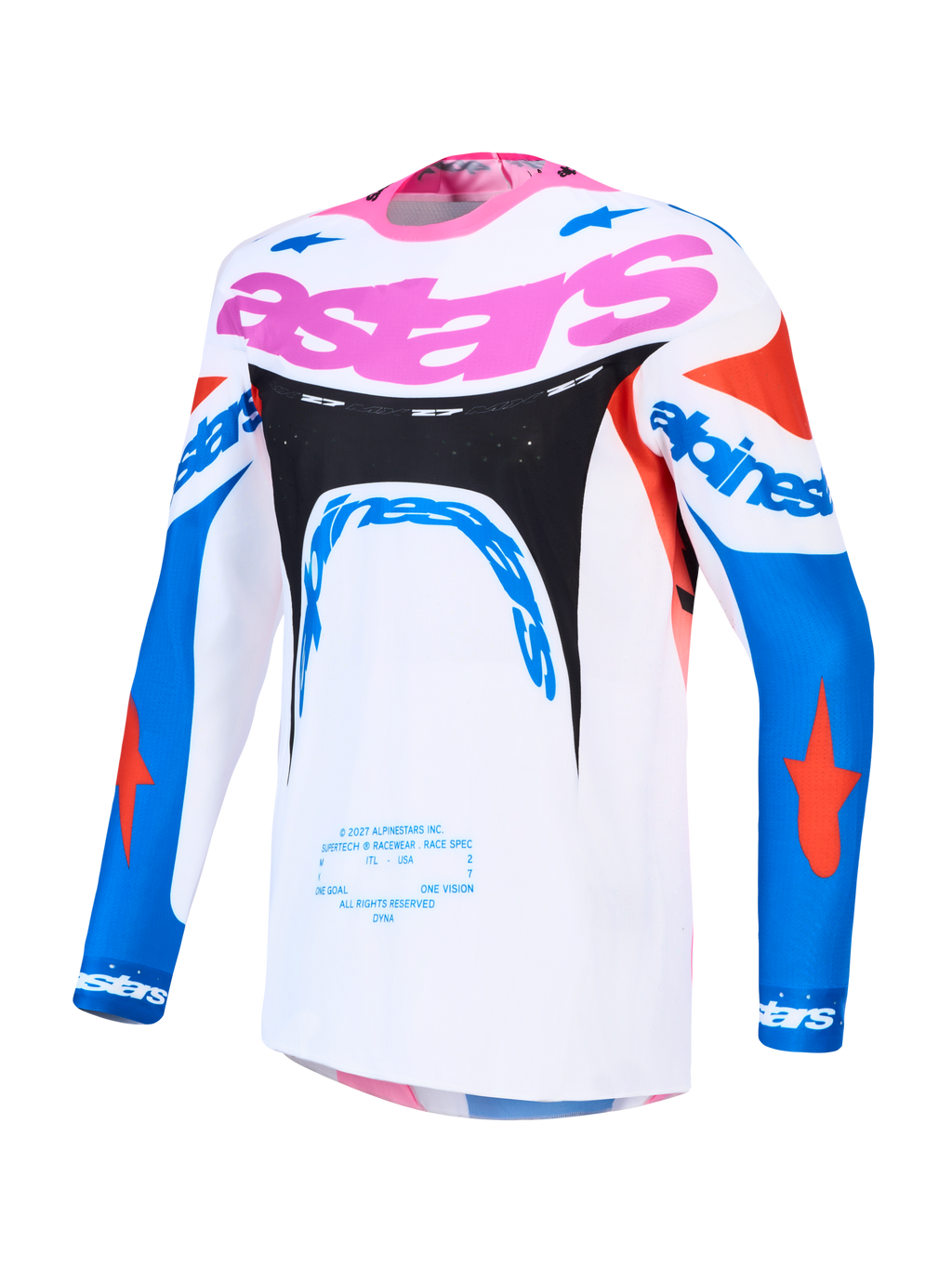 Alpinestars Supertech Dyna tröja, motocrosströja för herr, vit och blå med rosa, lättviktig stretchmesh med god andningsförmåga