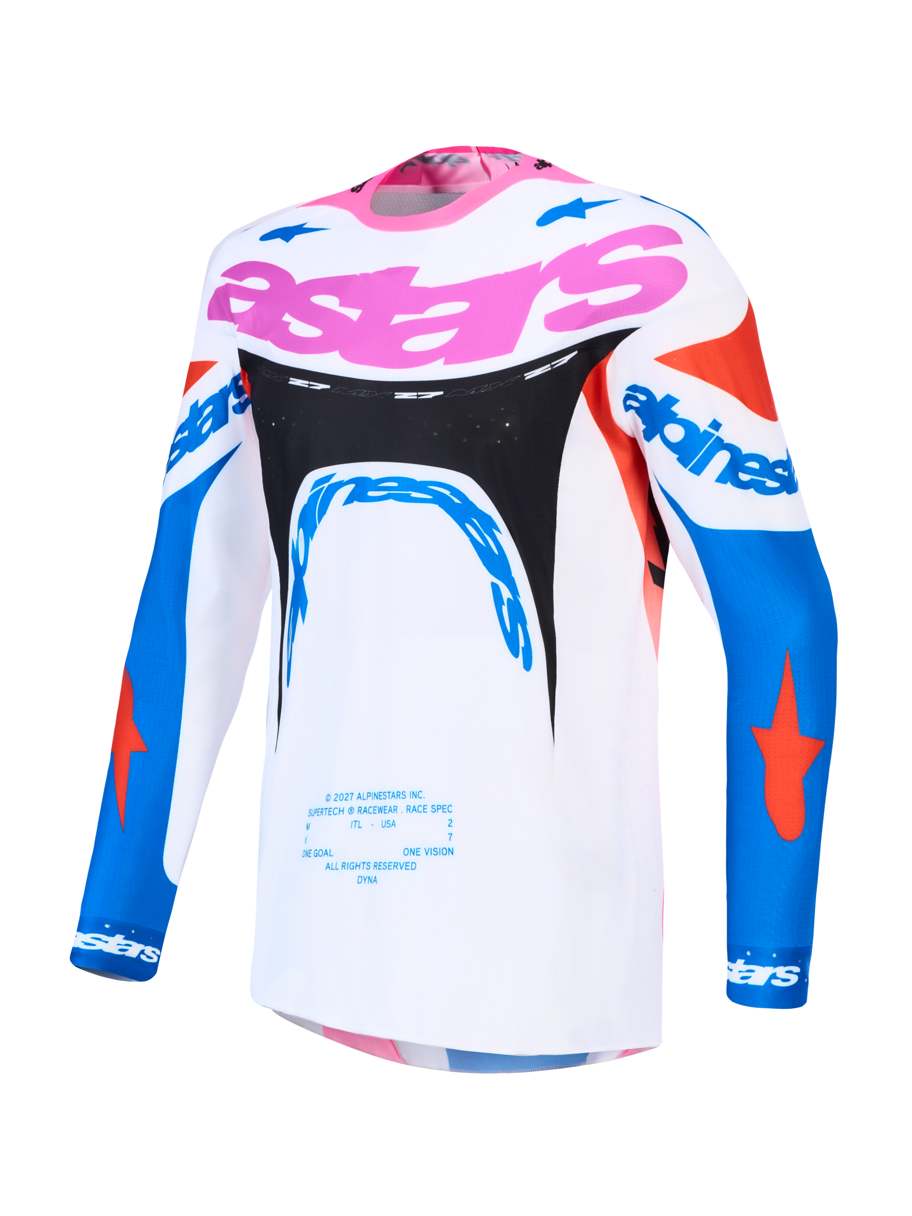 Alpinestars Supertech Dyna tröja, motocrosströja för herr, vit och blå med rosa, lättviktig stretchmesh med god andningsförmåga