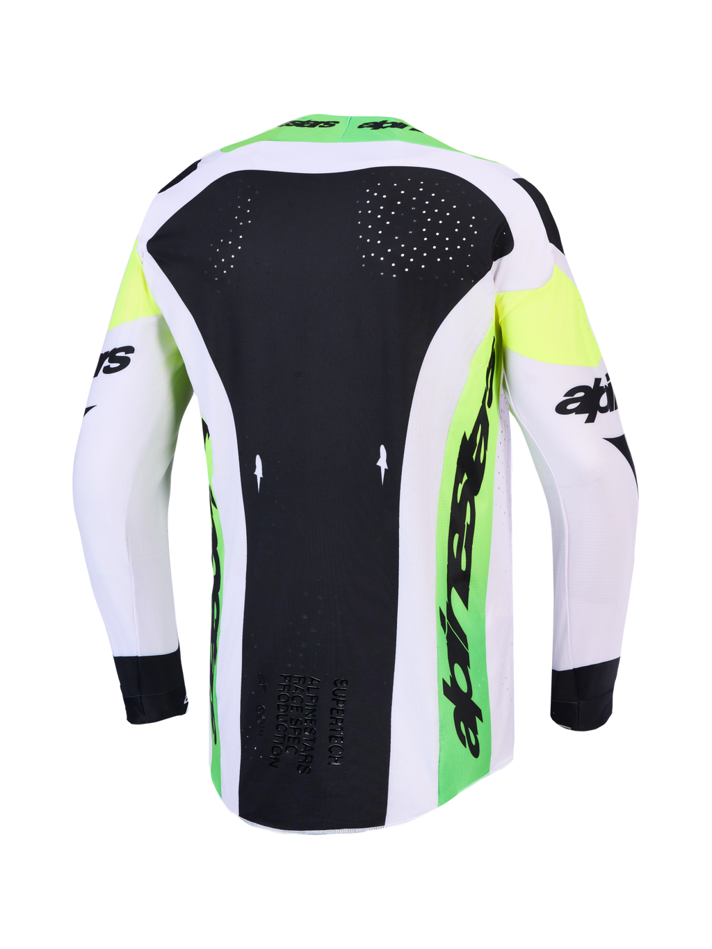 Alpinestars 2027 Supertech Dyna tröja AND Gear Set, grön och svart motocrosströja med laserskuren ryggventilation.