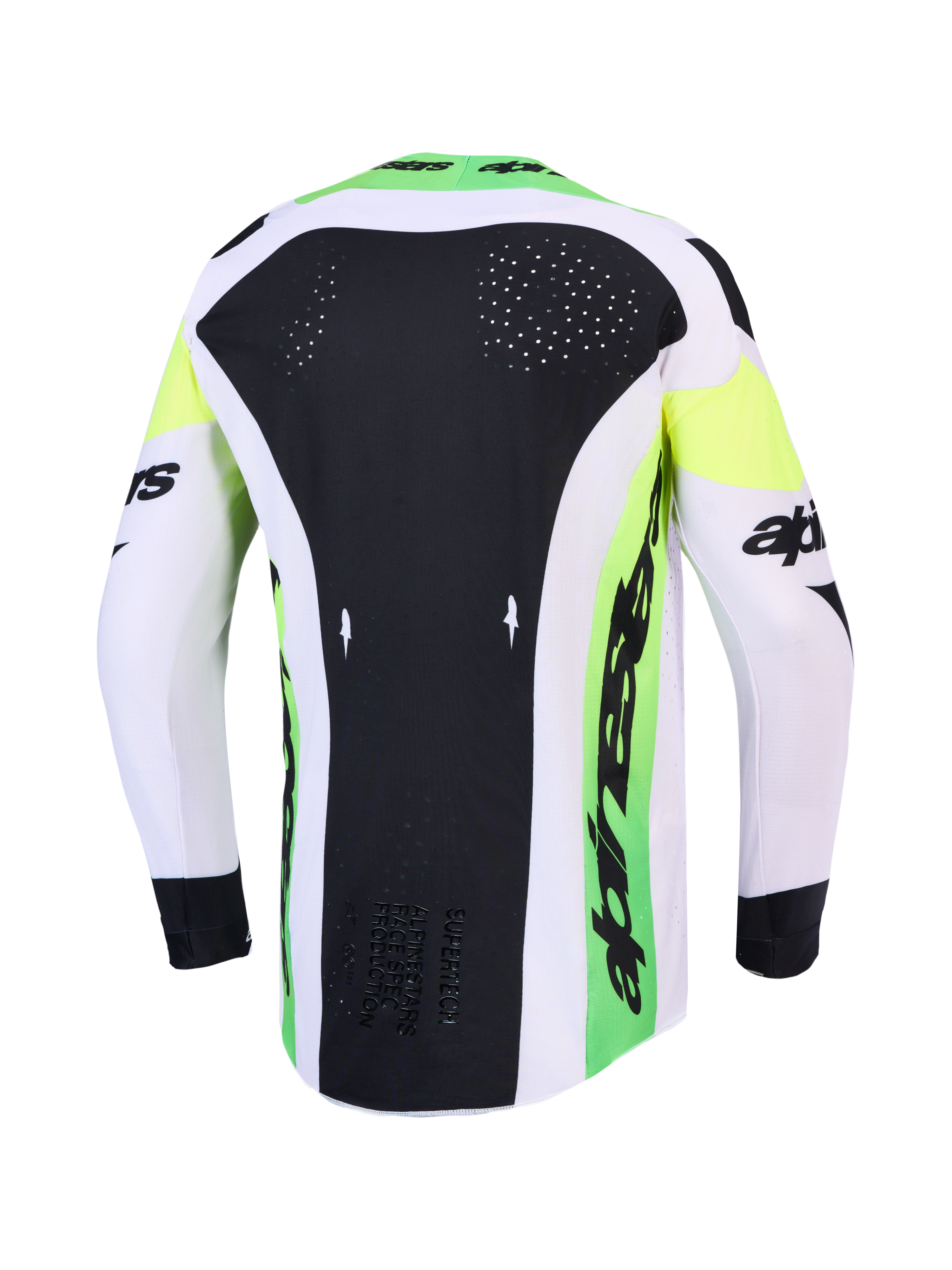 Alpinestars 2027 Supertech Dyna tröja AND Gear Set, grön och svart motocrosströja med laserskuren ryggventilation.