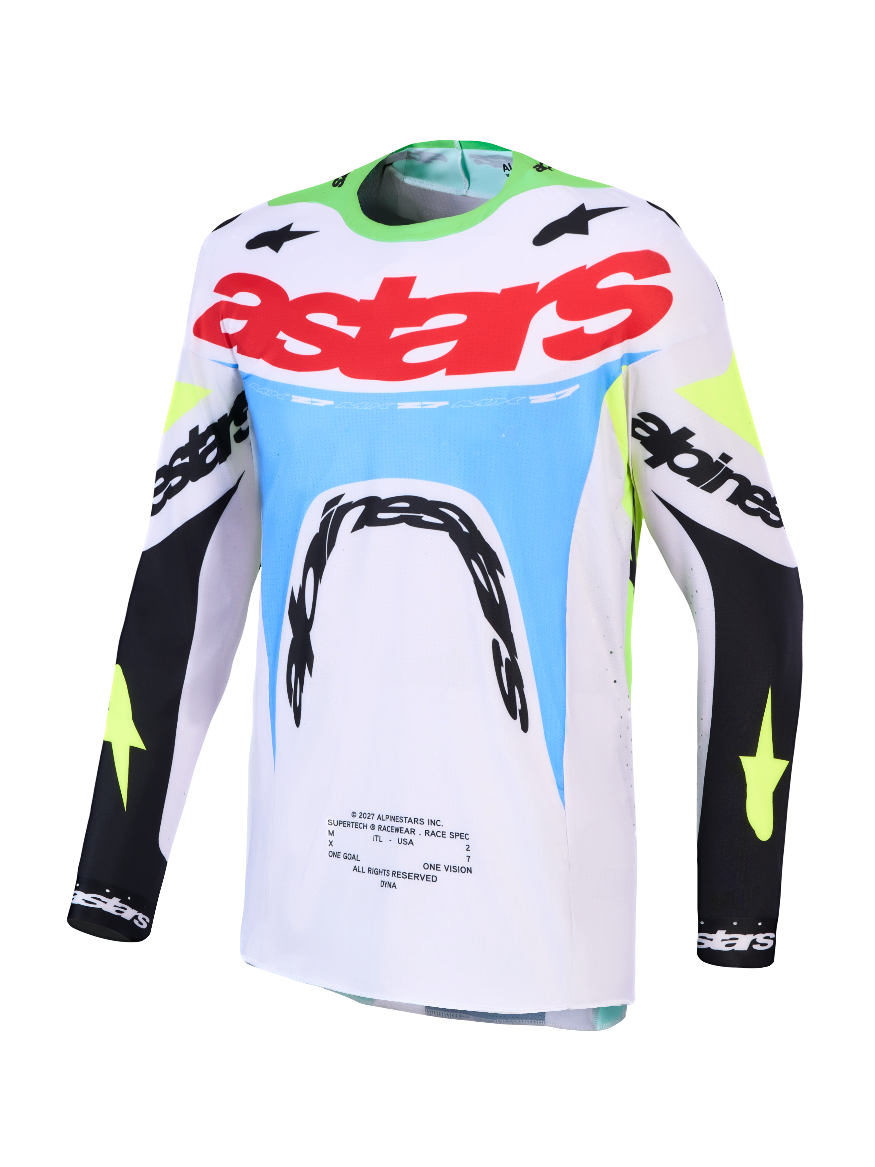 Alpinestars 2027 Supertech Dyna tröja, motocrosströja för herr, vit och fluogrön, atletisk racingpassform i stretchmesh
