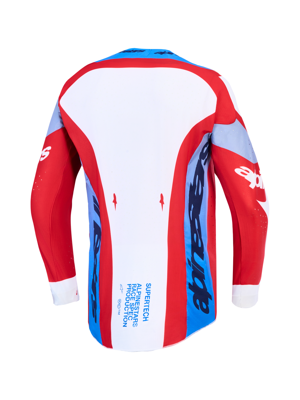 Alpinestars Supertech Dyna tröja, röd, vit och mörkblå motocrosströja, vy bakifrån med förlängd rygg.