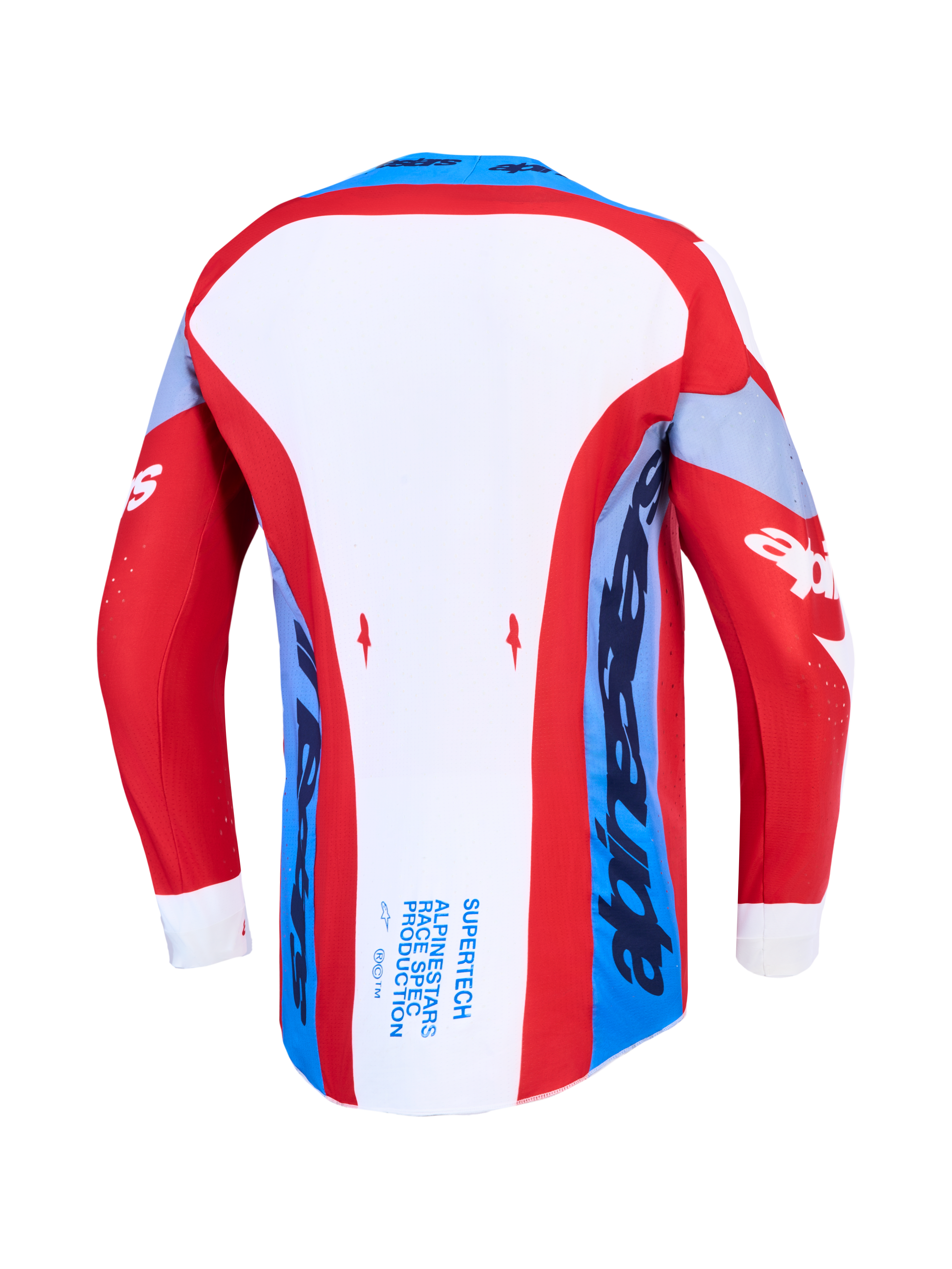 Alpinestars Supertech Dyna tröja, röd, vit och mörkblå motocrosströja, vy bakifrån med förlängd rygg.