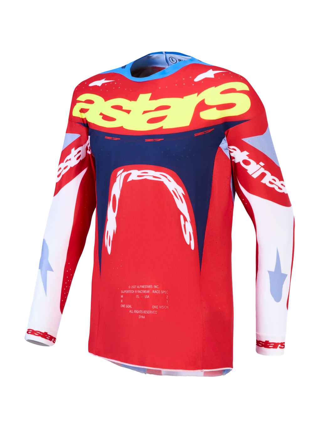 Alpinestars Supertech Dyna tröja, röd och mörkblå motocrosströja för herr i lätt stretchmesh med atletisk passform.