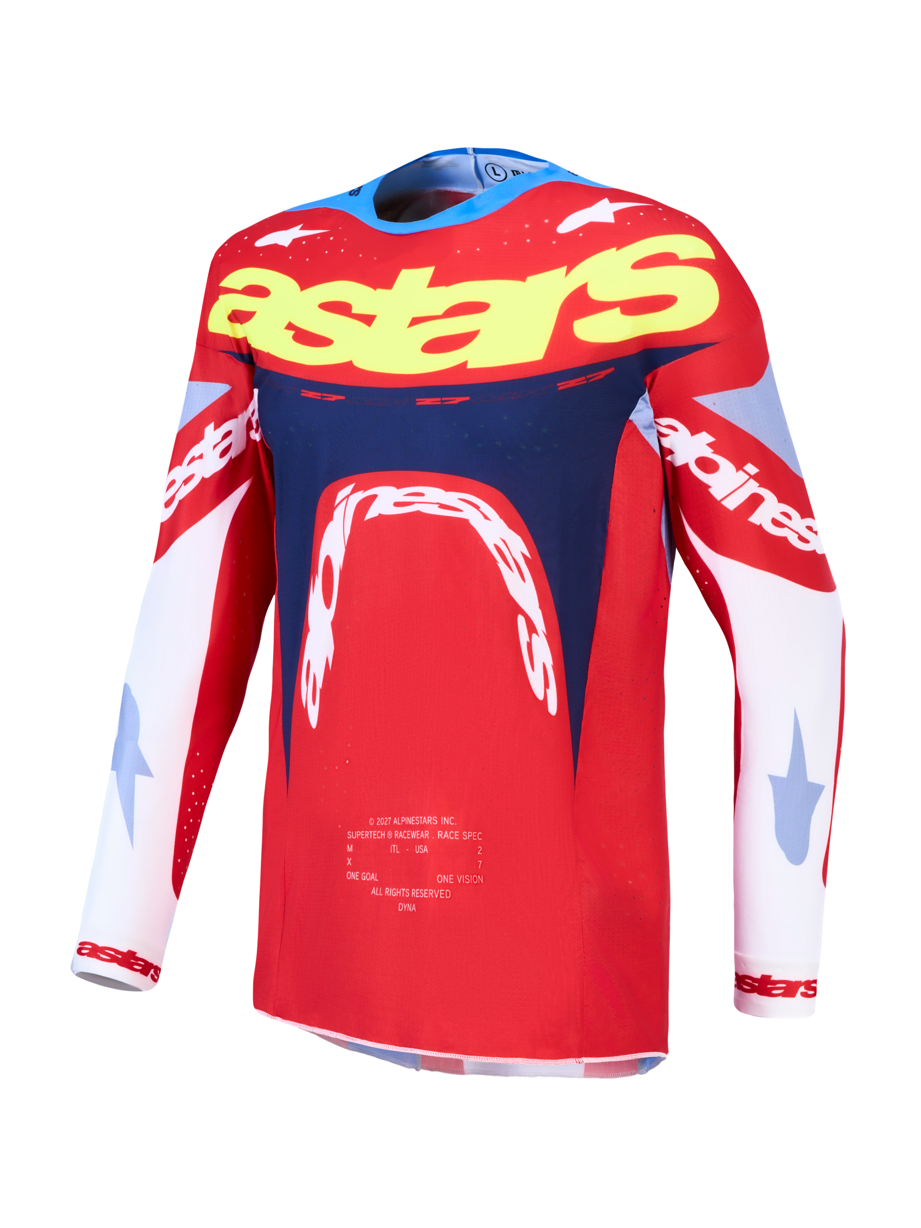 Alpinestars Supertech Dyna tröja, röd och mörkblå motocrosströja för herr i lätt stretchmesh med atletisk passform.