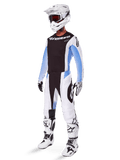 2025 Techstar Melt Gear Set, Complete Motocross Outfit, Black Jersey with White and Blue Sleeves, White Pants with Black and Blue Accents, White Helmet, Black and White Gloves, White Boots with Black Details, Full MX Protection Kit