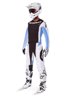 2025 Techstar Melt Gear Set, Complete Motocross Outfit, Black Jersey with White and Blue Sleeves, White Pants with Black and Blue Accents, White Helmet, Black and White Gloves, White Boots with Black Details, Full MX Protection Kit