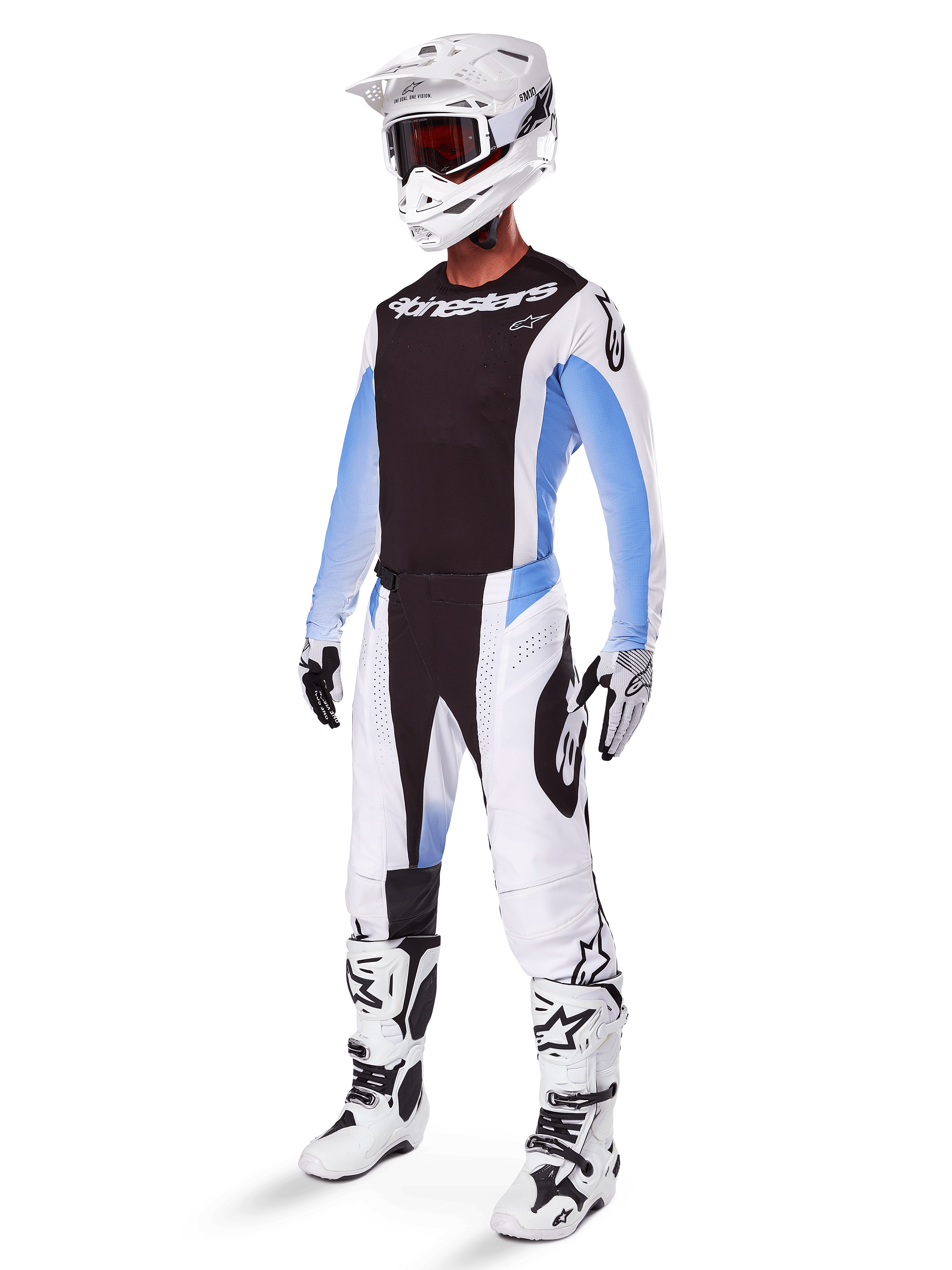 2025 Techstar Melt Gear Set, Complete Motocross Outfit, Black Jersey with White and Blue Sleeves, White Pants with Black and Blue Accents, White Helmet, Black and White Gloves, White Boots with Black Details, Full MX Protection Kit