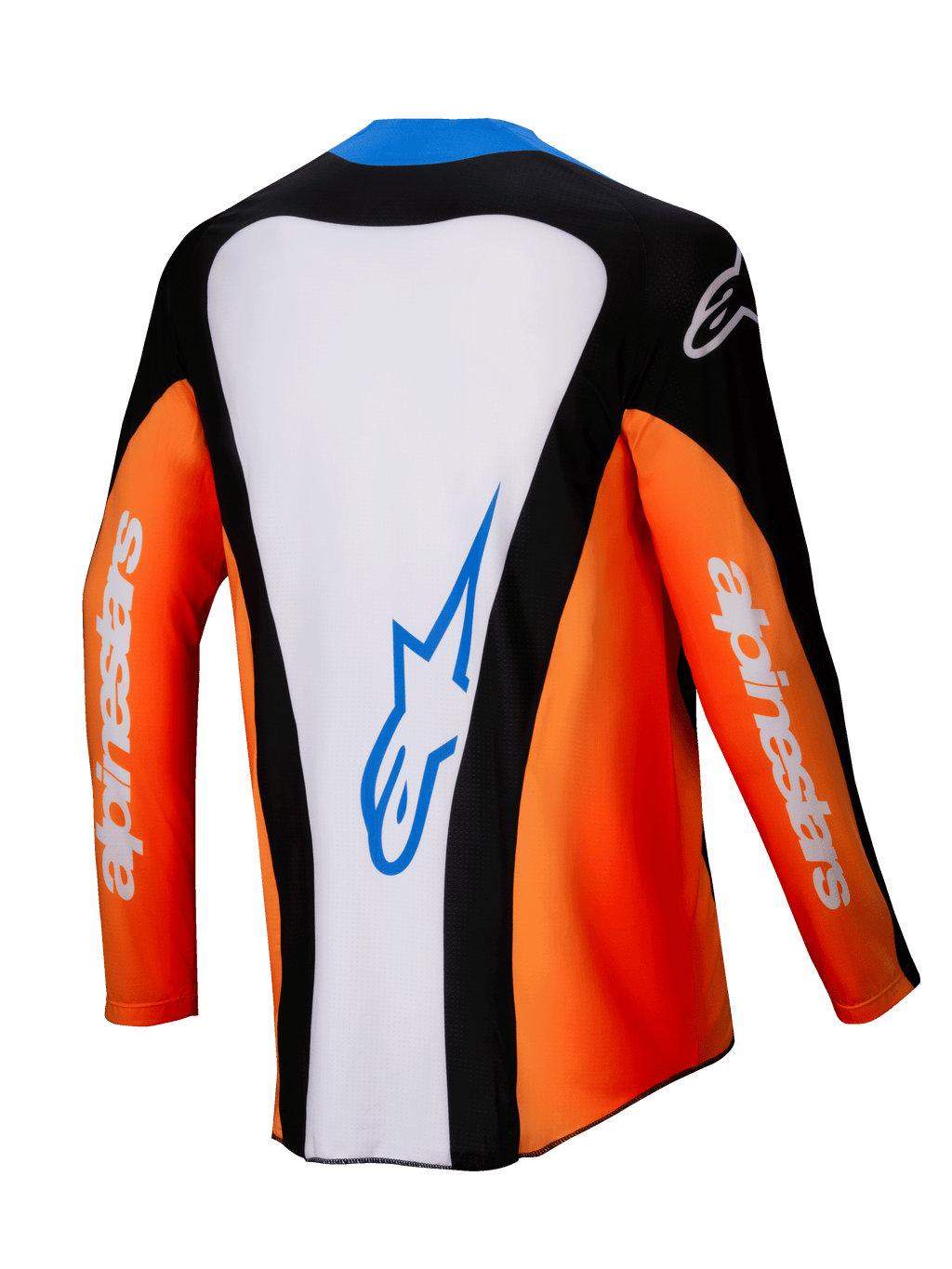 Alpinestars 2025 Techstar Melt-tröja, motocrosströja, sedd bakifrån, orange, vit och svart med blå detaljer, vit mittpanel med blå logotyp, orangea ärmar med vit branding, högpresterande utrustning för terrängkörning