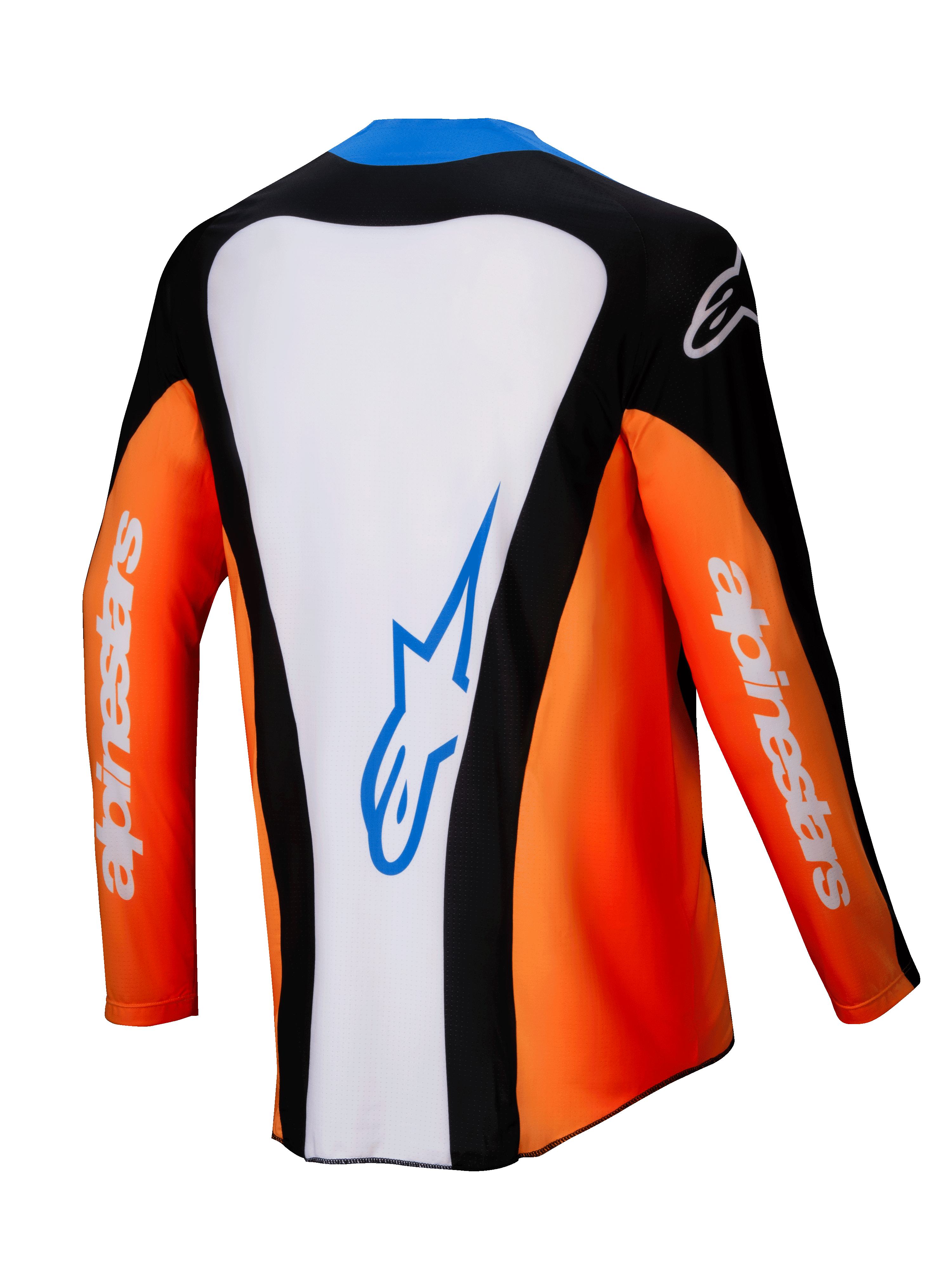 Alpinestars 2025 Techstar Melt-tröja, motocrosströja, sedd bakifrån, orange, vit och svart med blå detaljer, vit mittpanel med blå logotyp, orangea ärmar med vit branding, högpresterande utrustning för terrängkörning