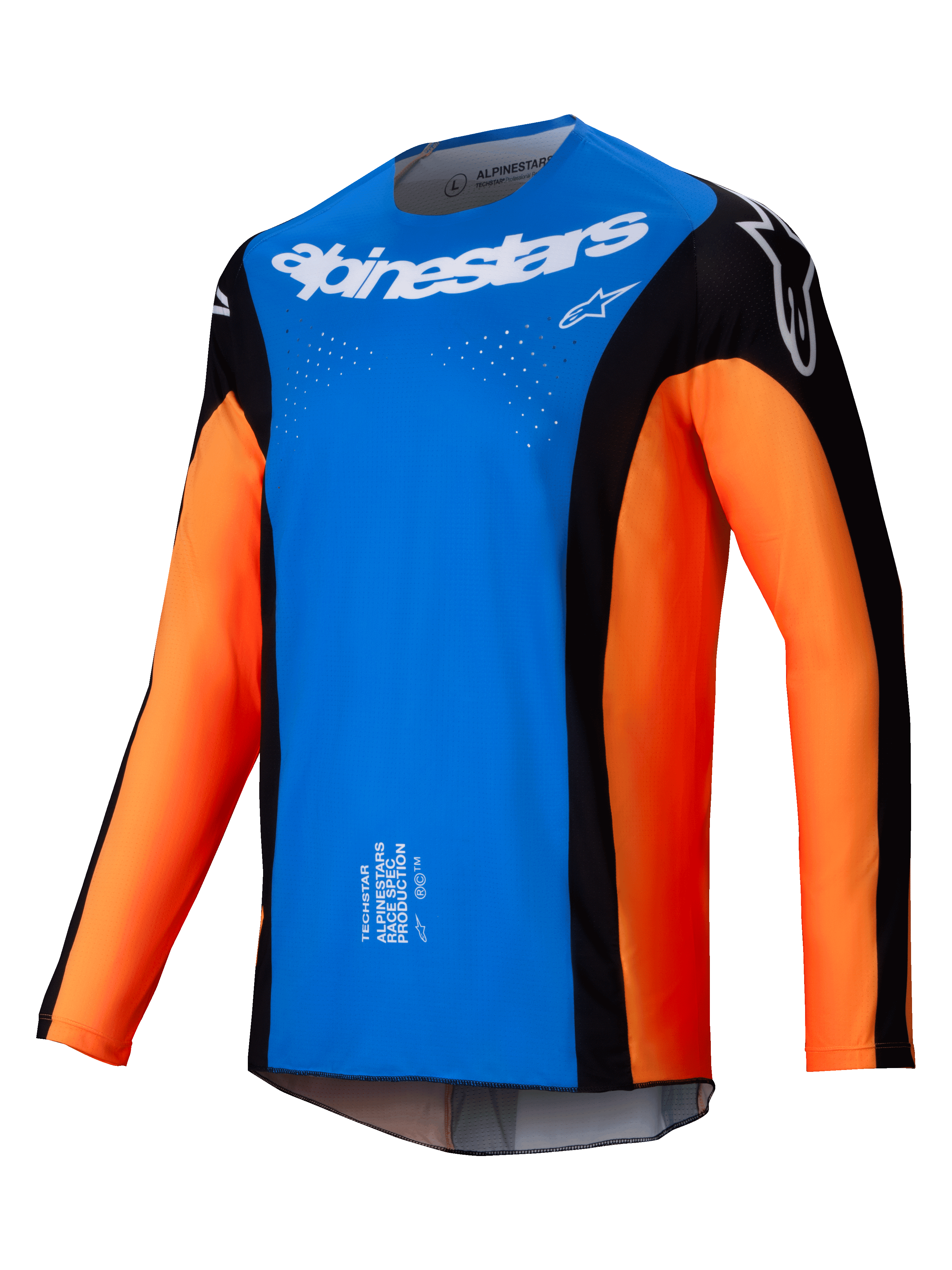 Alpinestars 2025 Techstar Melt tröja, motocrosströja, klarblå och orange med svarta paneler, vit Alpinestars-logotyp på bröstet, laserskurna ventilationshål, teknisk långärmad design för terrängkörning