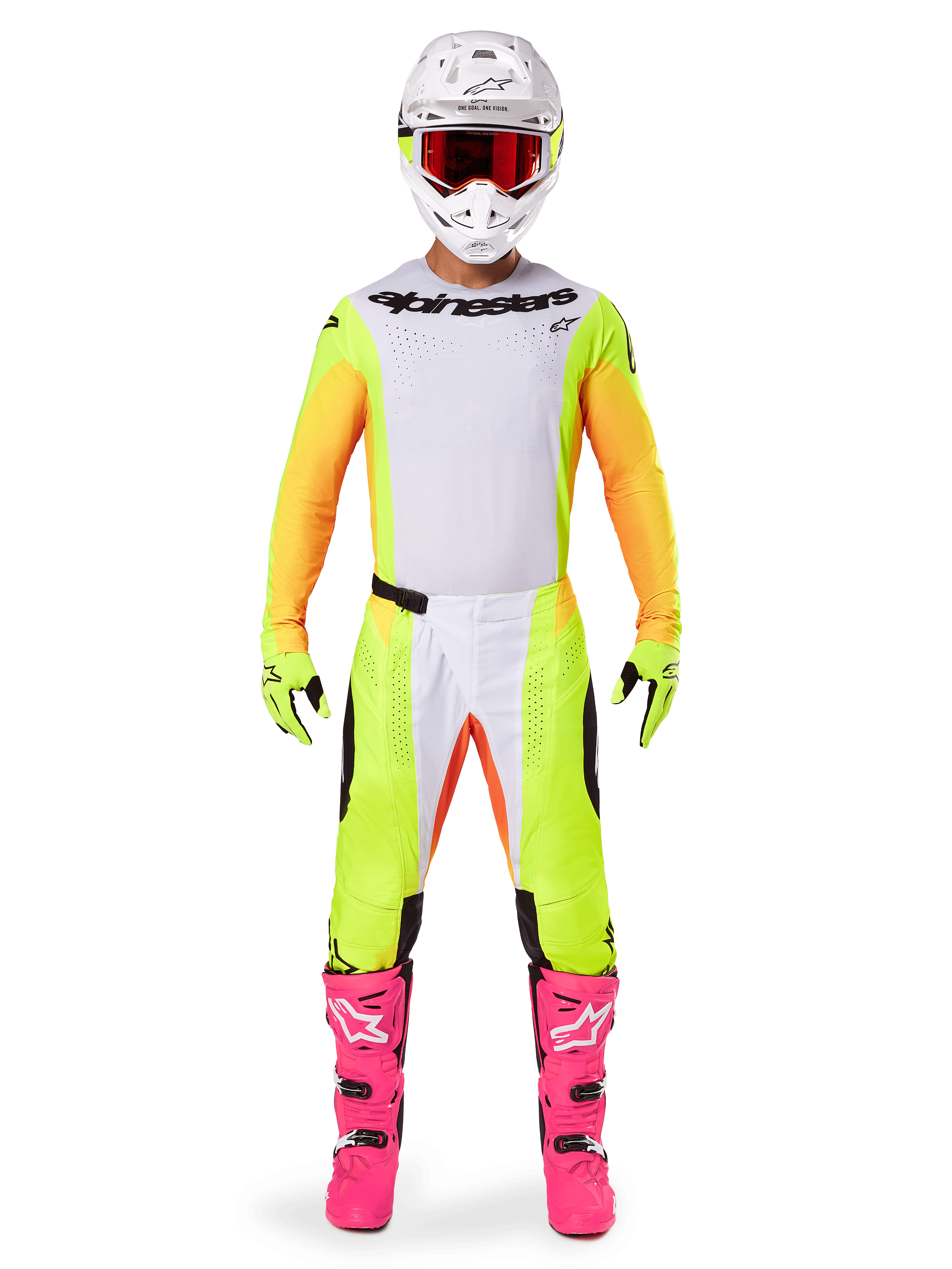 Alpinestars 2025 Techstar Melt Jersey, Motocross rider in full gear, white and yellow jersey with orange sleeves, matching yellow pants, bright pink boots, white helmet with red goggles, coordinated off-road racing kit