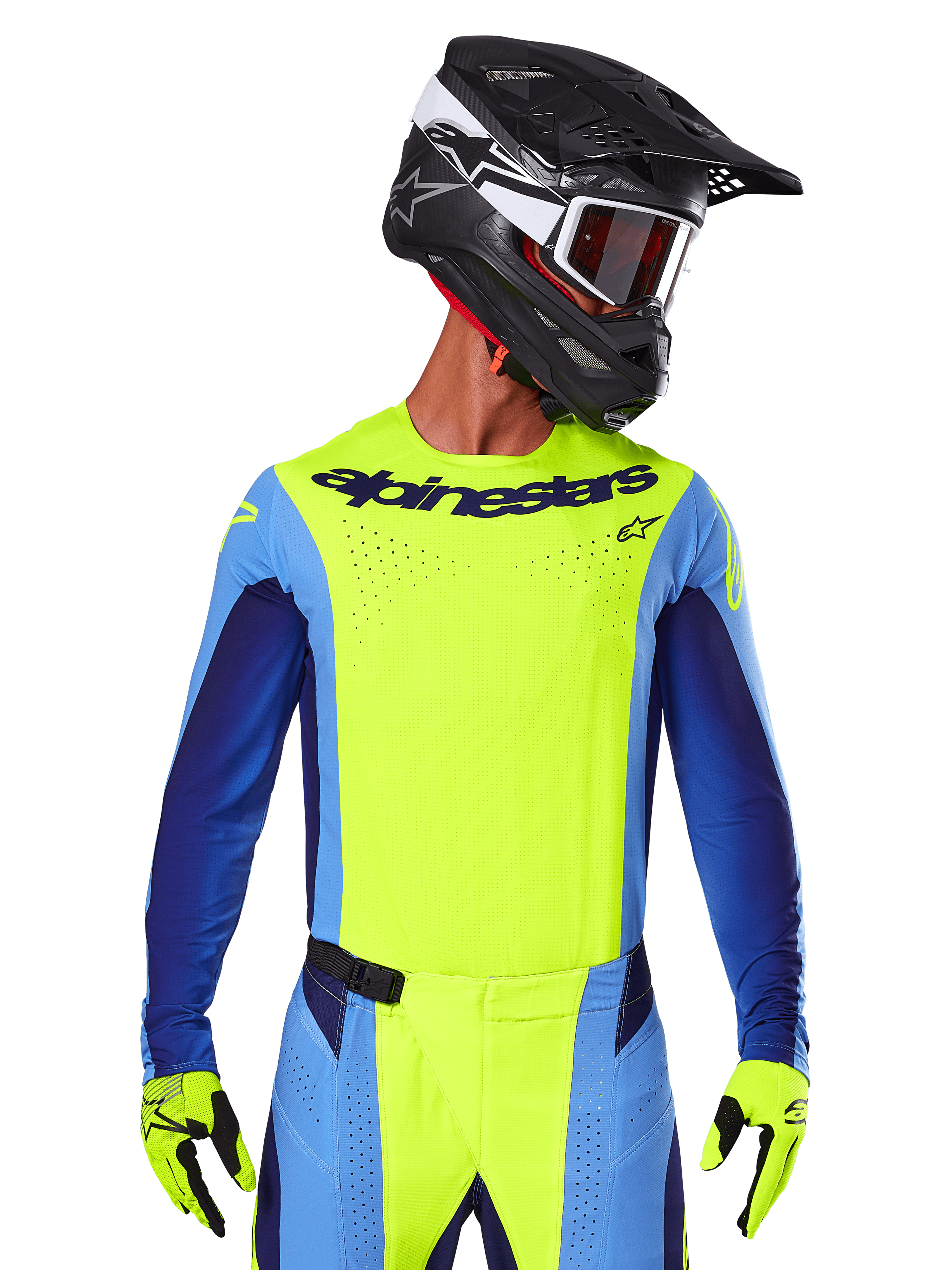 Alpinestars 2025 Techstar Melt Jersey, neongul och blå motocrosströja med laserskuren ventilation och atletisk racingpassform, buren av en förare med svart hjälm och neongula handskar