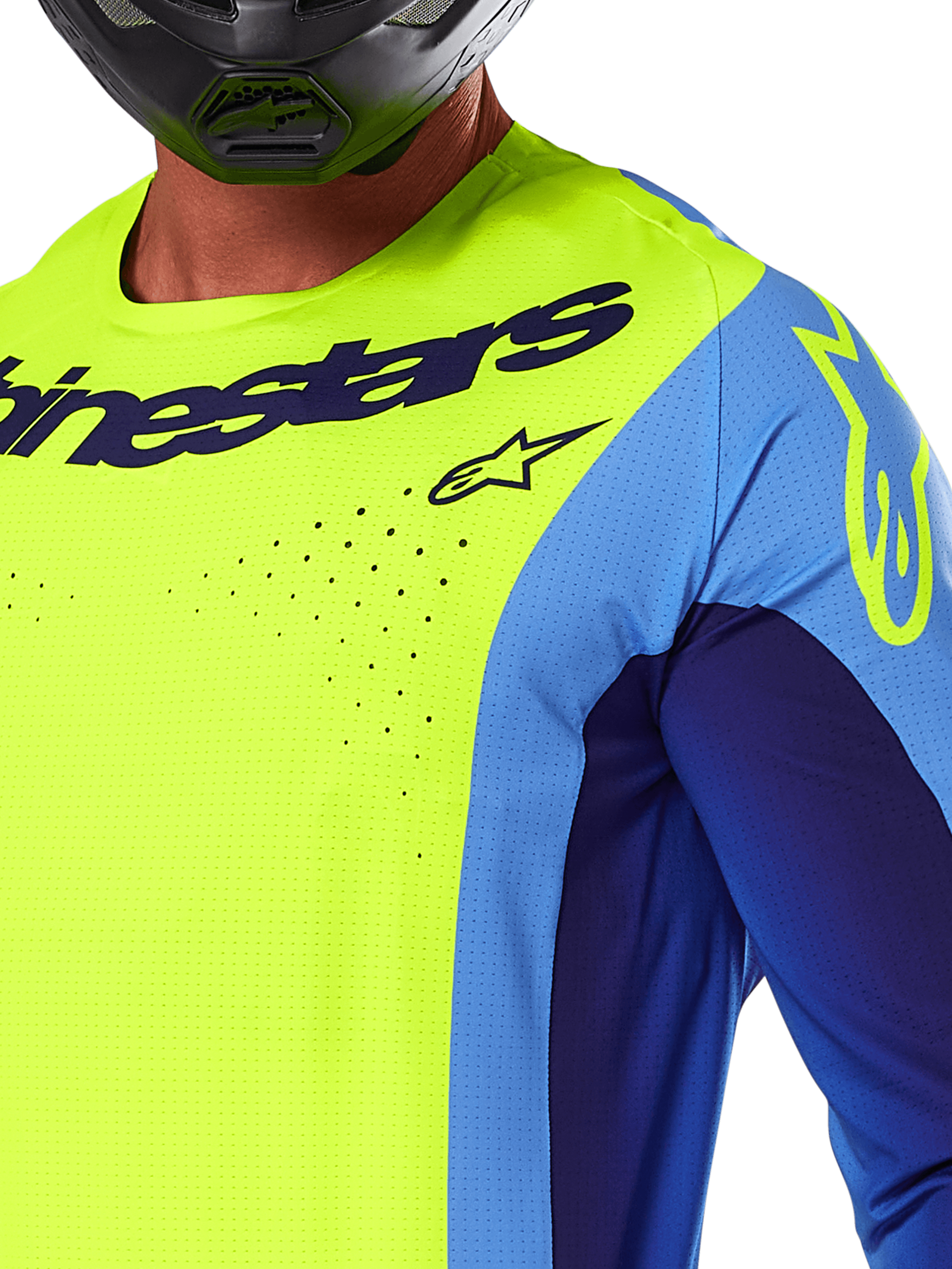 Alpinestars 2025 Techstar Melt tröja, motocrosströja, neon gul och blå, med laserskurna perforeringar och framträdande logotyp på bröstet, atletisk passform för terrängkörning, närbild med en svart hjälm