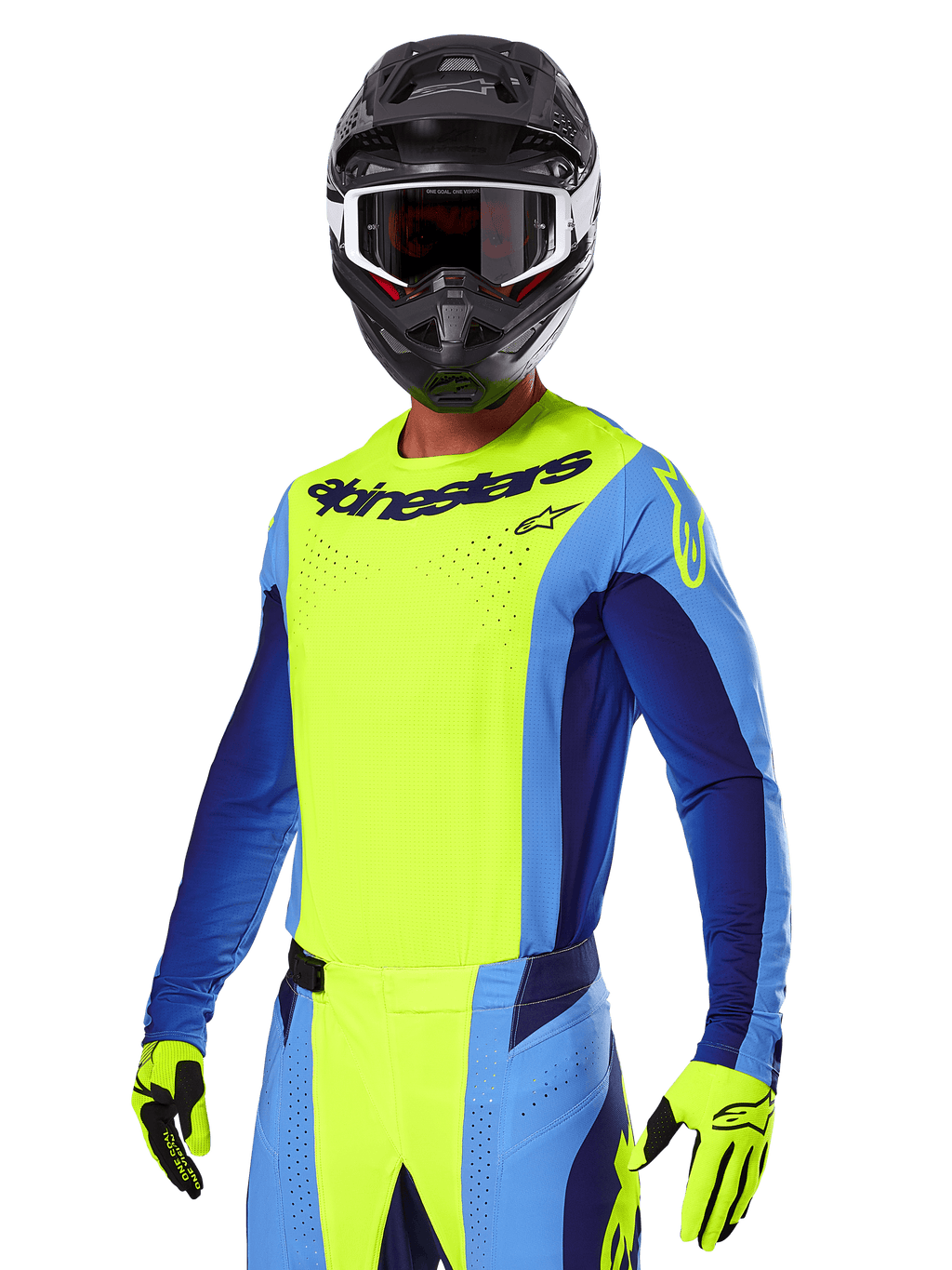 Alpinestars 2025 Techstar Melt Gear Set, motocrossförare i en klargul och blå tröja med matchande byxor, svart hjälm med vita och svarta goggles, gula handskar, koordinerad outfit för terrängkörning med tydlig Alpinestars-branding och perforerade detaljer