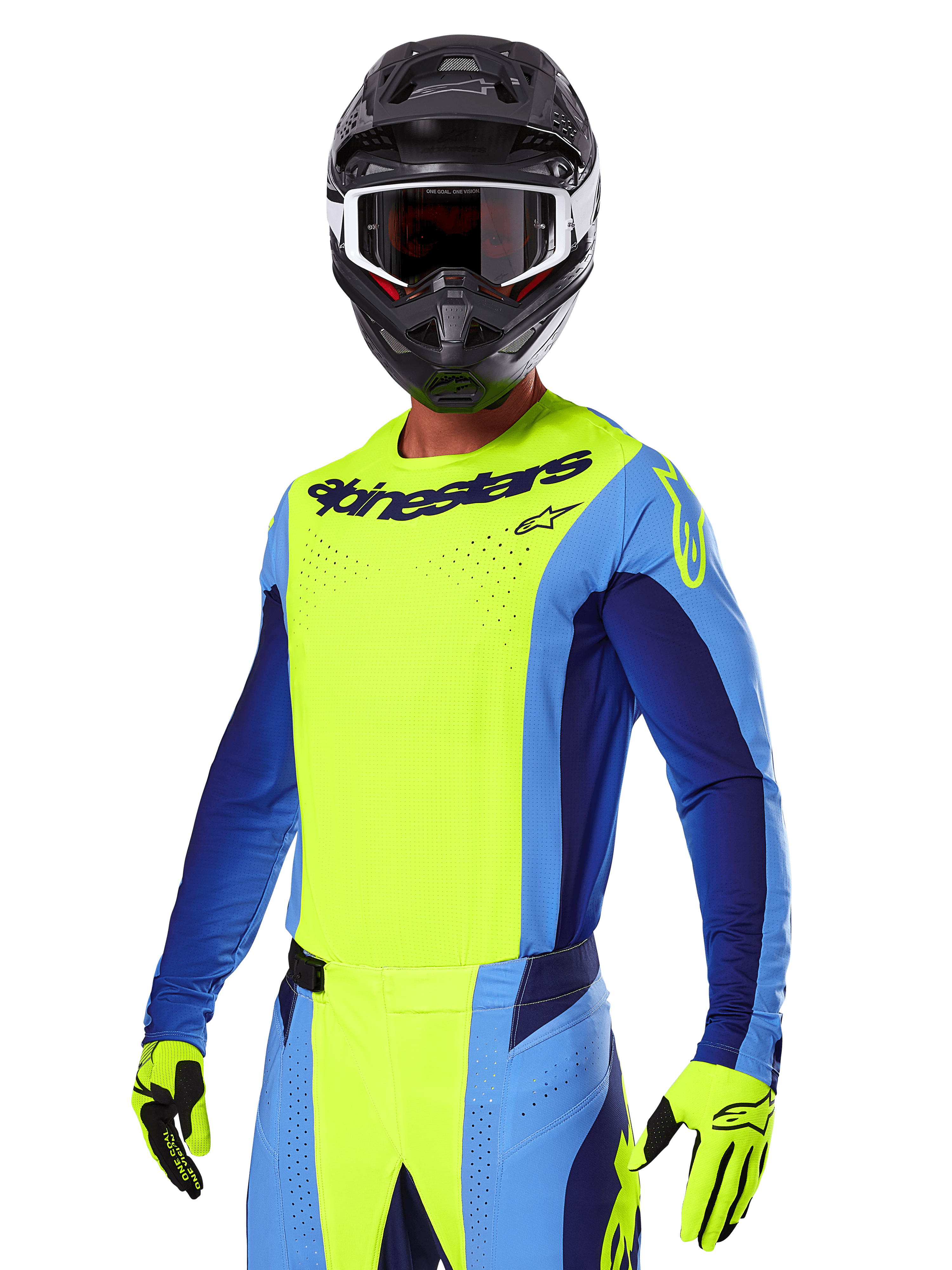 Alpinestars 2025 Techstar Melt Gear Set, motocrossförare i en klargul och blå tröja med matchande byxor, svart hjälm med vita och svarta goggles, gula handskar, koordinerad outfit för terrängkörning med tydlig Alpinestars-branding och perforerade detaljer