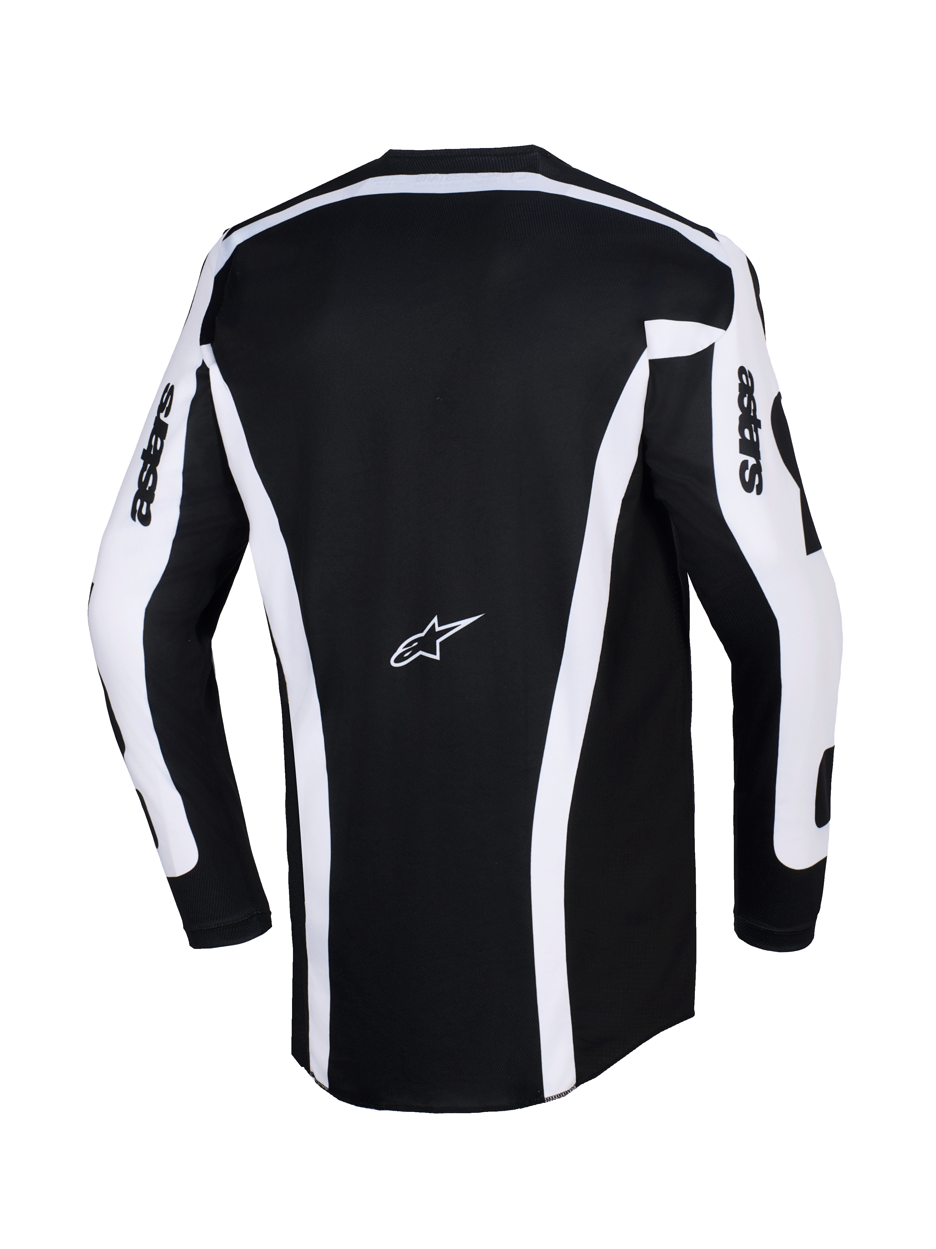 Alpinestars 2026 Racer Riway-tröja, motocrosströja, vit och svart, vy bakifrån som visar svart huvuddel med vita vertikala ränder och ärmpaneler, Astars-logotyp mitt på ryggen, 'astars'-text på ärmarna, förlängd rygg för bättre täckning vid terrängkörning