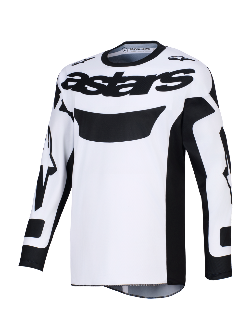 Alpinestars 2026 Racer Riway-tröja, motocrosströja, vit och svart, med framträdande svart 'astars'-logotyp över bröstet, fukttransporterande polytyg och ergonomisk tävlingspassform för terrängkörning